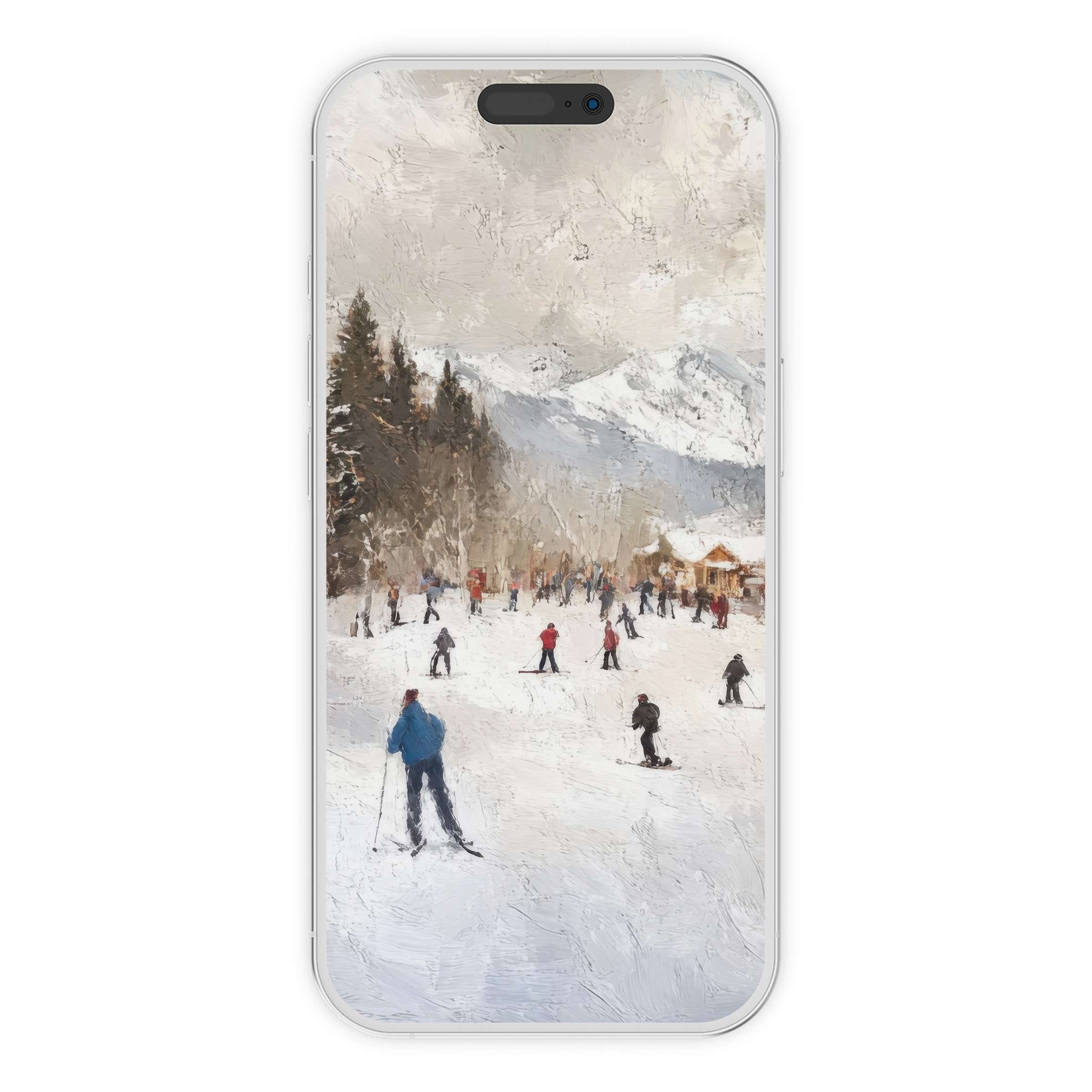 Winter iPhone wallpaper featuring serene snowy ski scene, perfect phone background for a calming digital download and stylish use