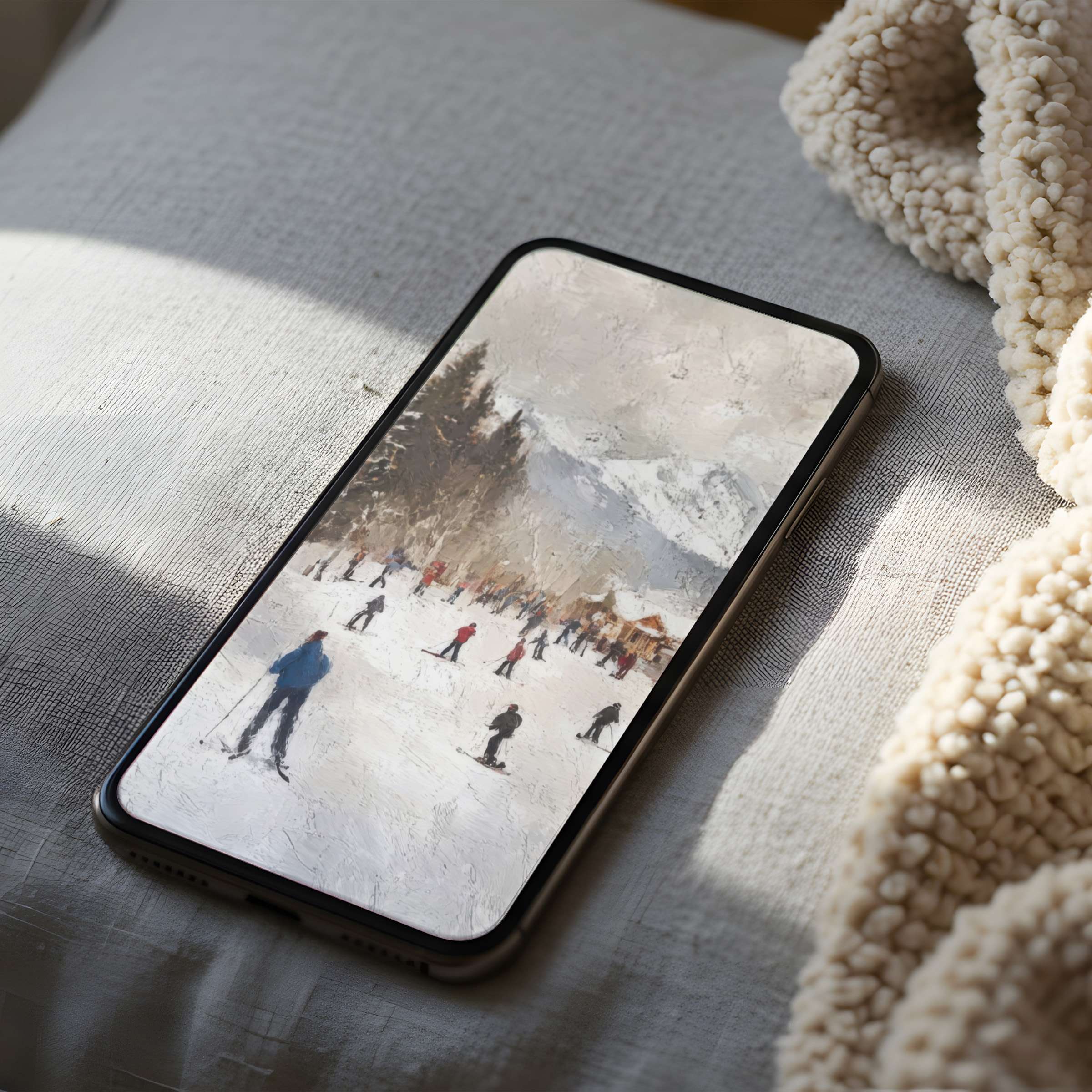 High resolution phone wallpaper featuring an elegant snowy landscape painting evokes tranquility, suitable for iPhone and Android digital download