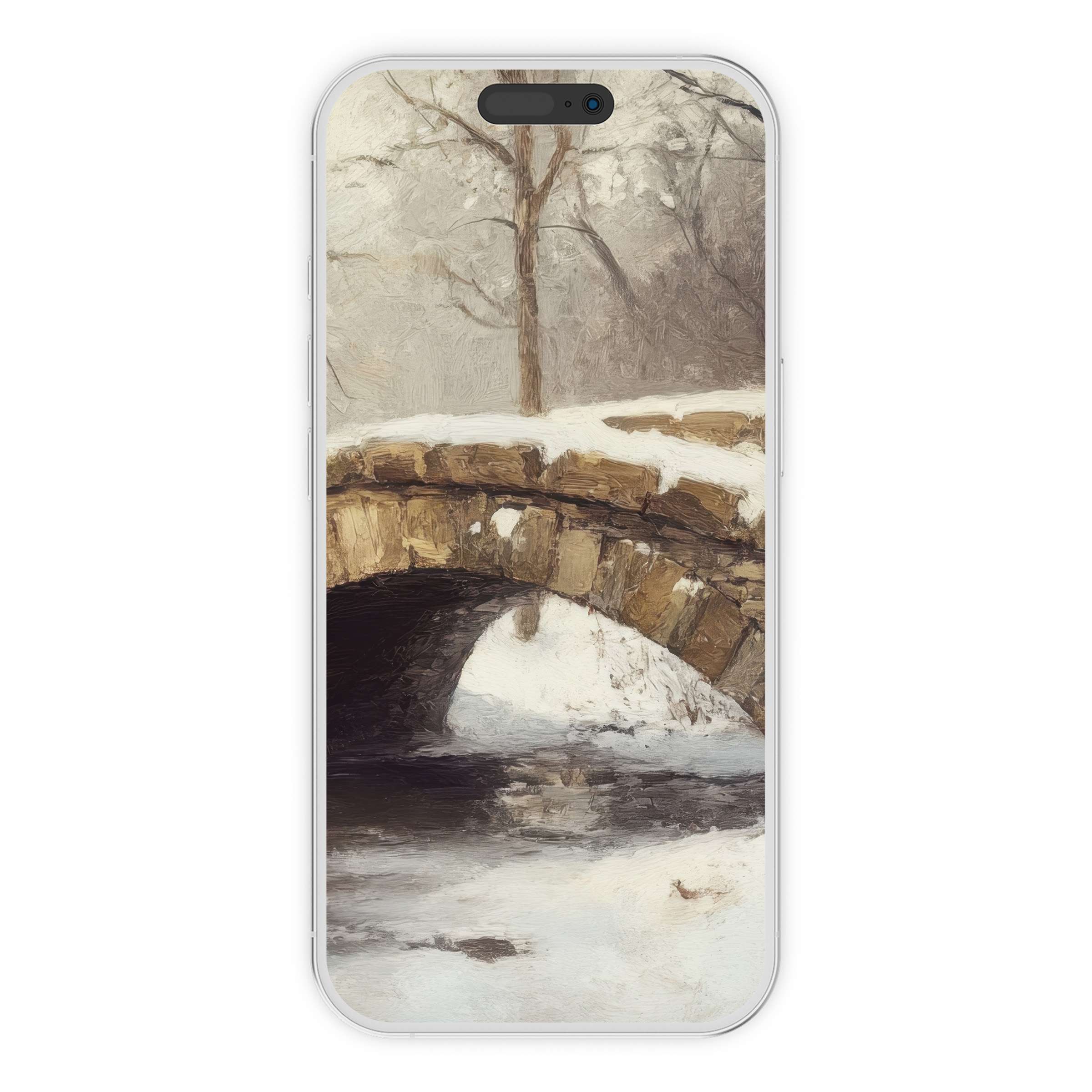 Winter iPhone wallpaper digital download with an elegant snowy stone bridge phone background for serene, sustainable style seekers