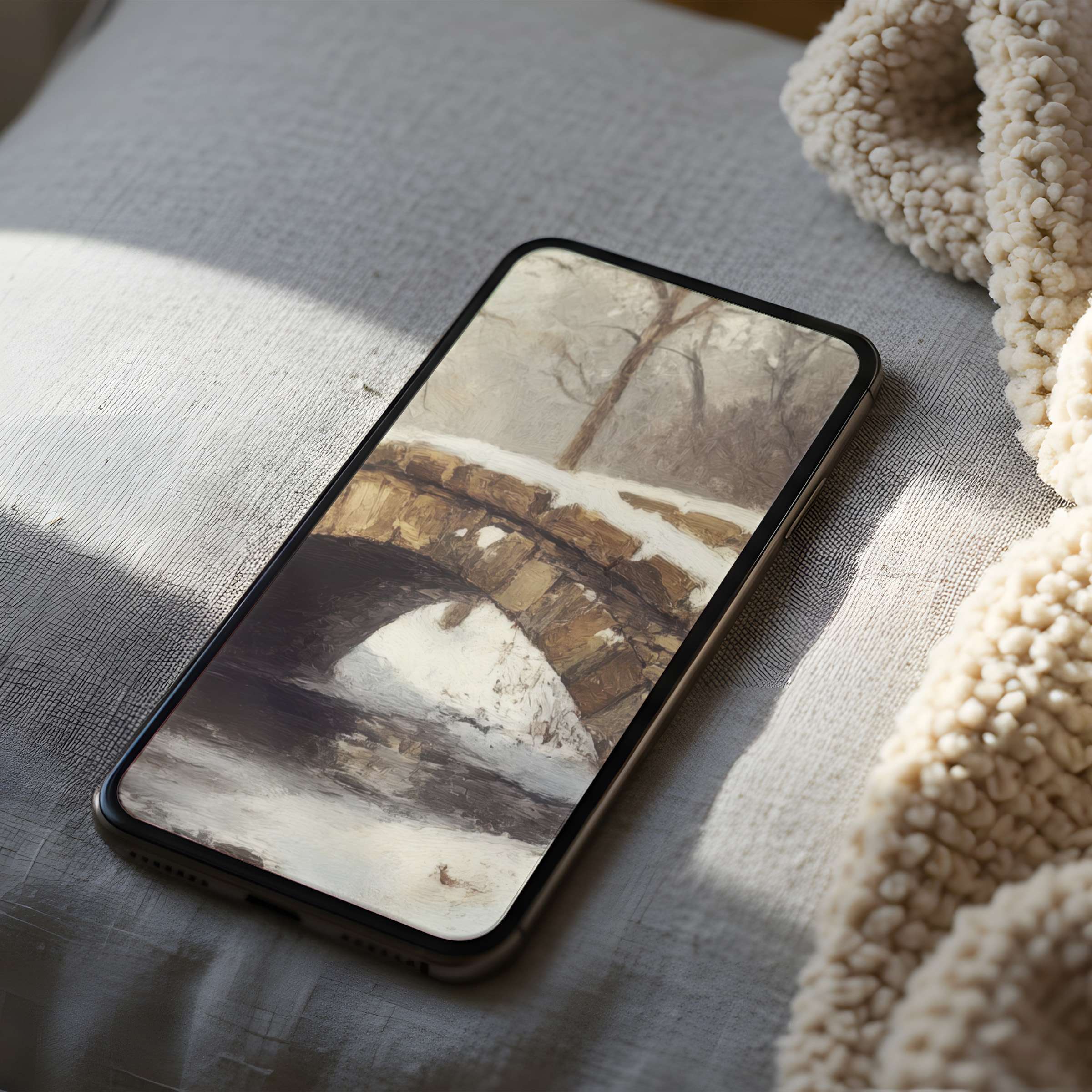 Elegant snow-covered bridge artwork as phone wallpaper offers tranquility and style, suitable for iPhone and android users, high resolution download