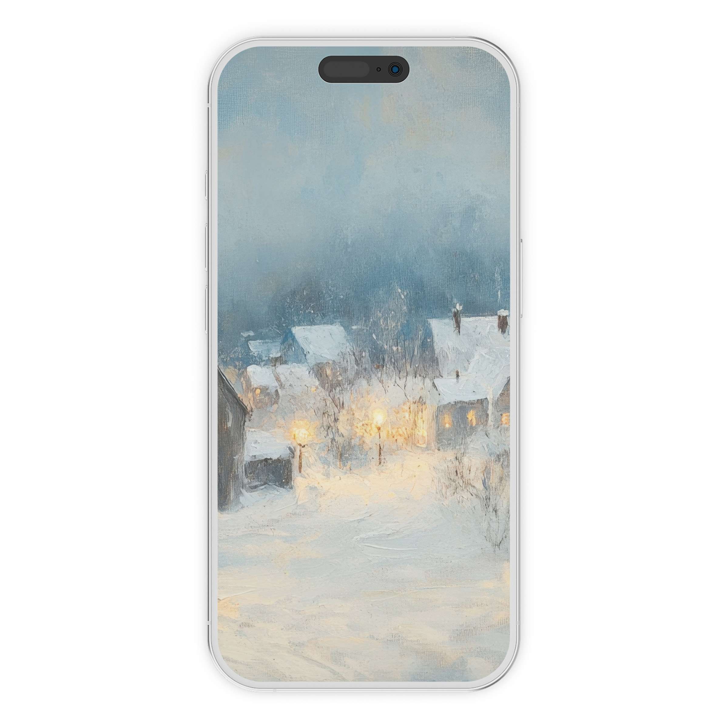 Serene winter iPhone wallpaper with a snowy village scene enhances phone background aesthetics; a calming digital download for all devices