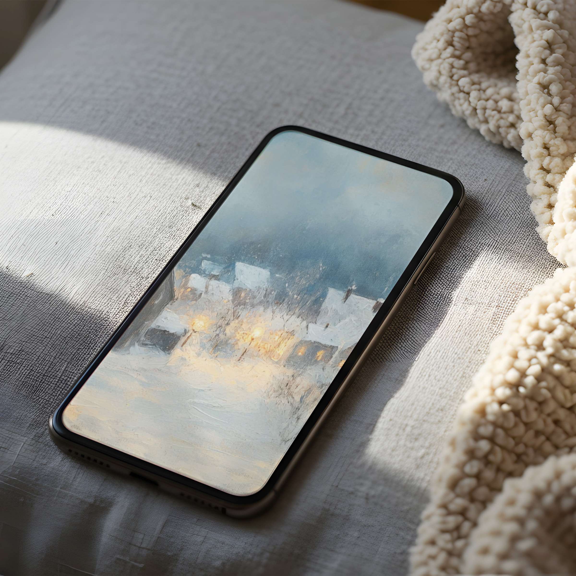 Cozy winter village phone wallpaper in high resolution offers tranquility and elegance for iPhone and Android digital downloads