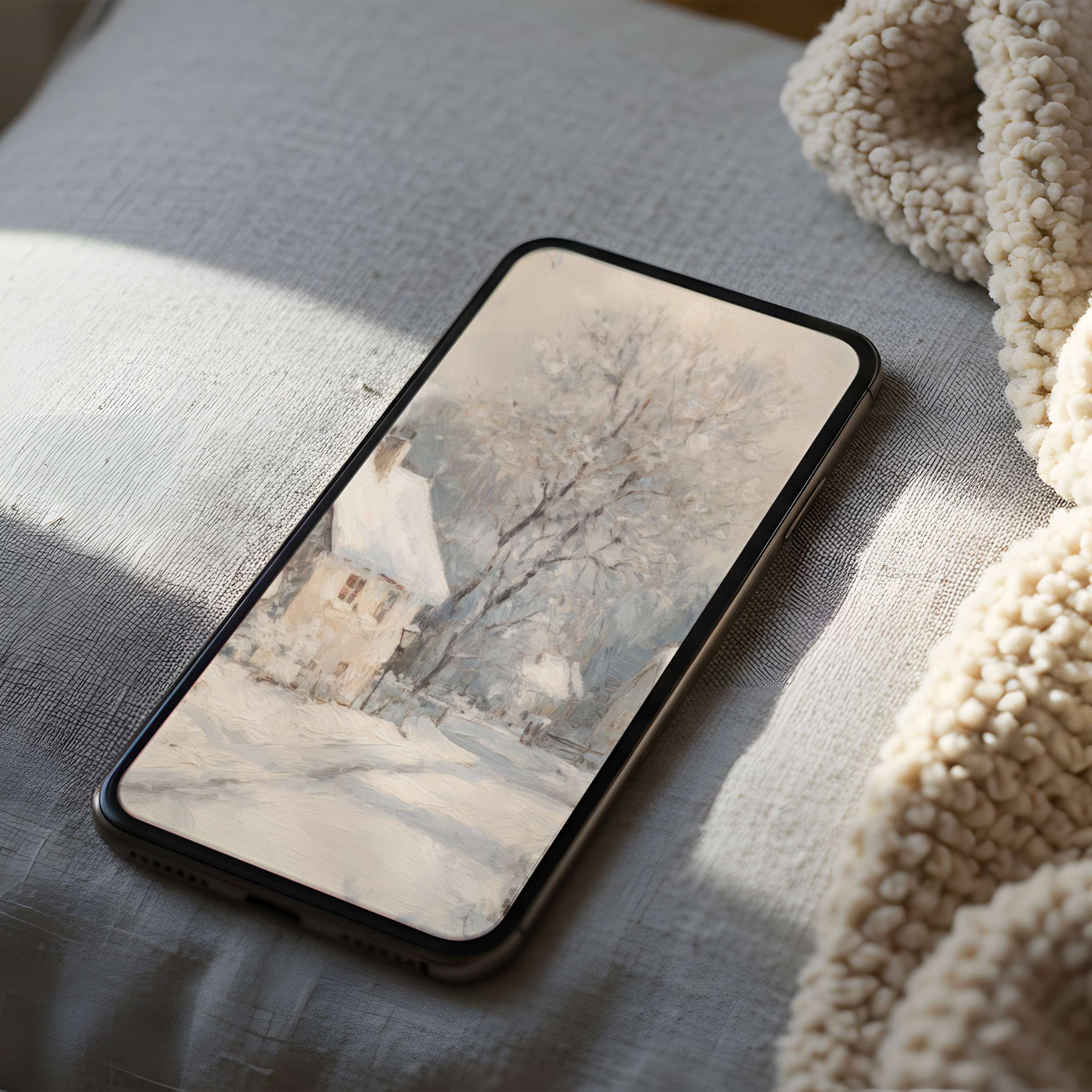 Elegant phone wallpaper featuring a serene winter landscape, soft-muted tones for iPhone and Android, high resolution digital download
