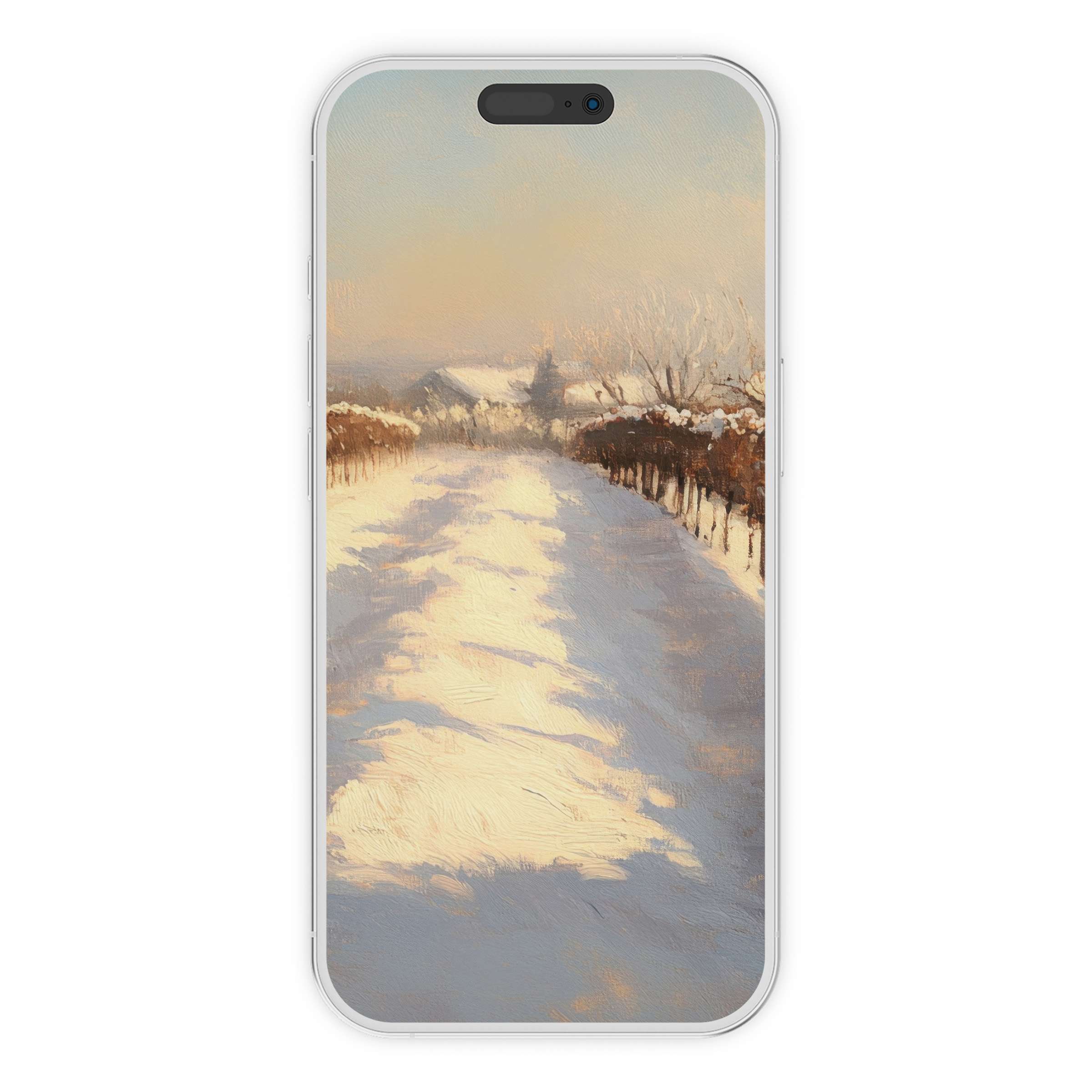 Serene winter iPhone wallpaper with warm hues captures a tranquil snowy path, perfect digital download for seasonal phone background