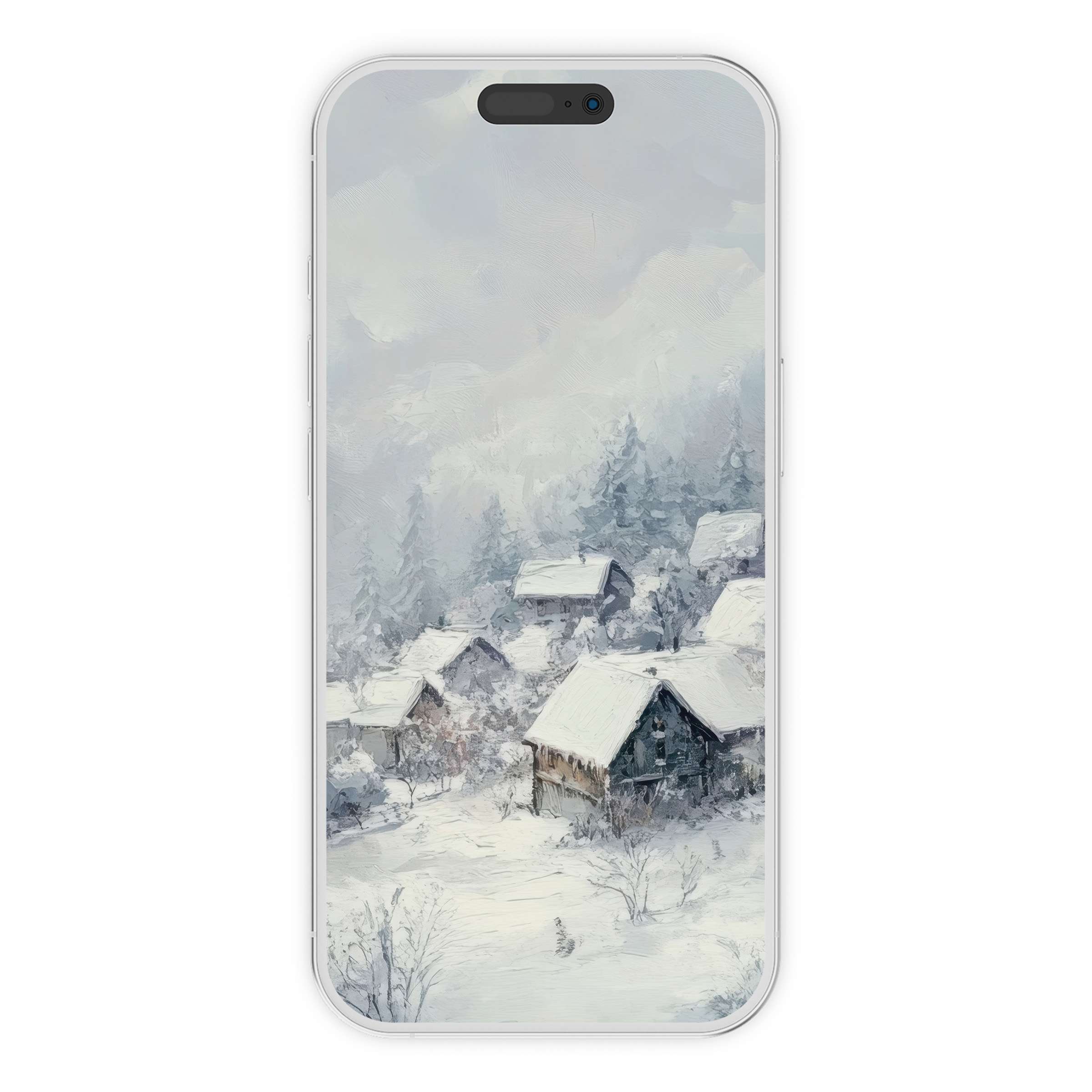 Winter iPhone wallpaper: Tranquil snowy village scene offering serene phone background as a digital download for all smartphones