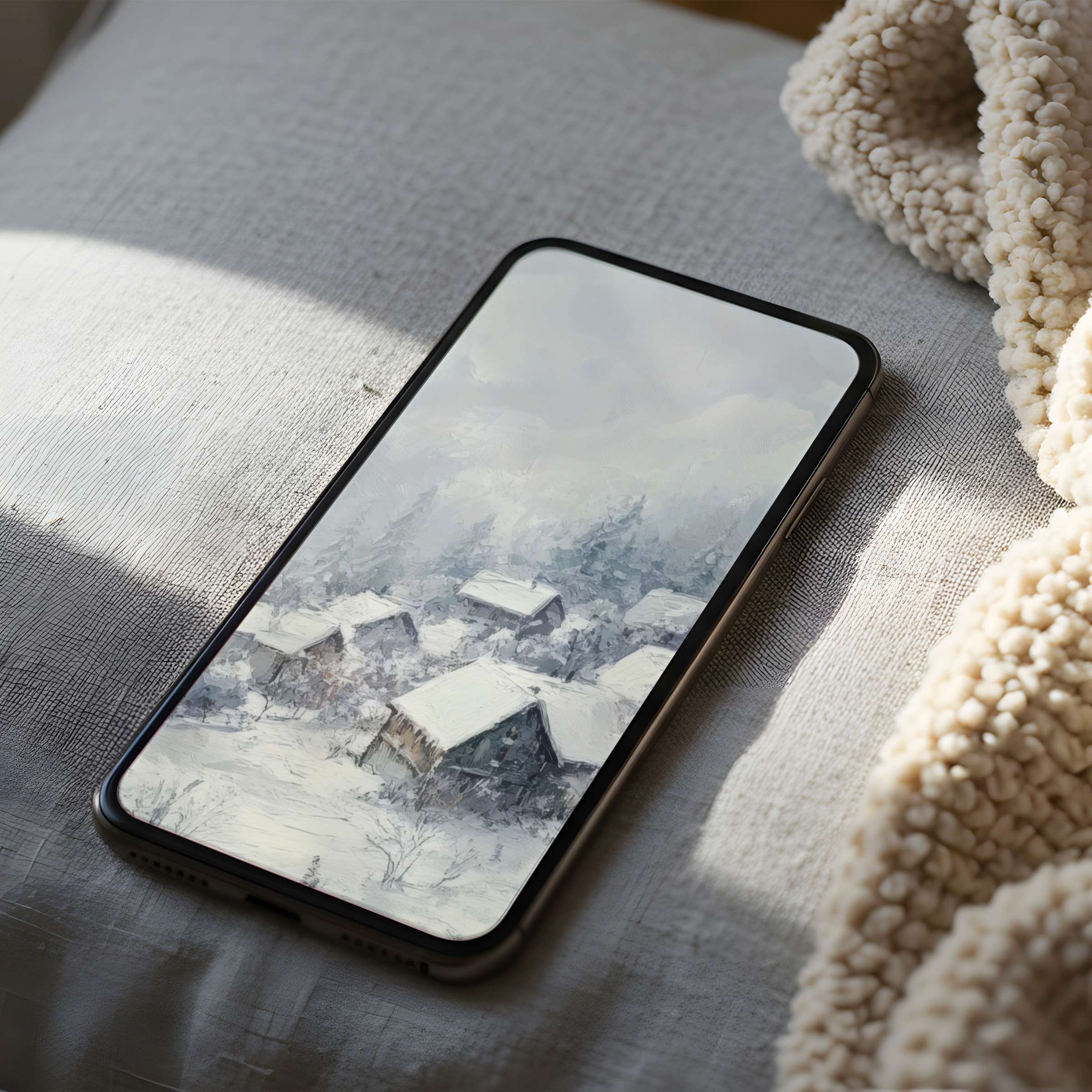 Serene snow village phone wallpaper in high resolution, ideal for iPhone and Android, offers tranquility through digital download