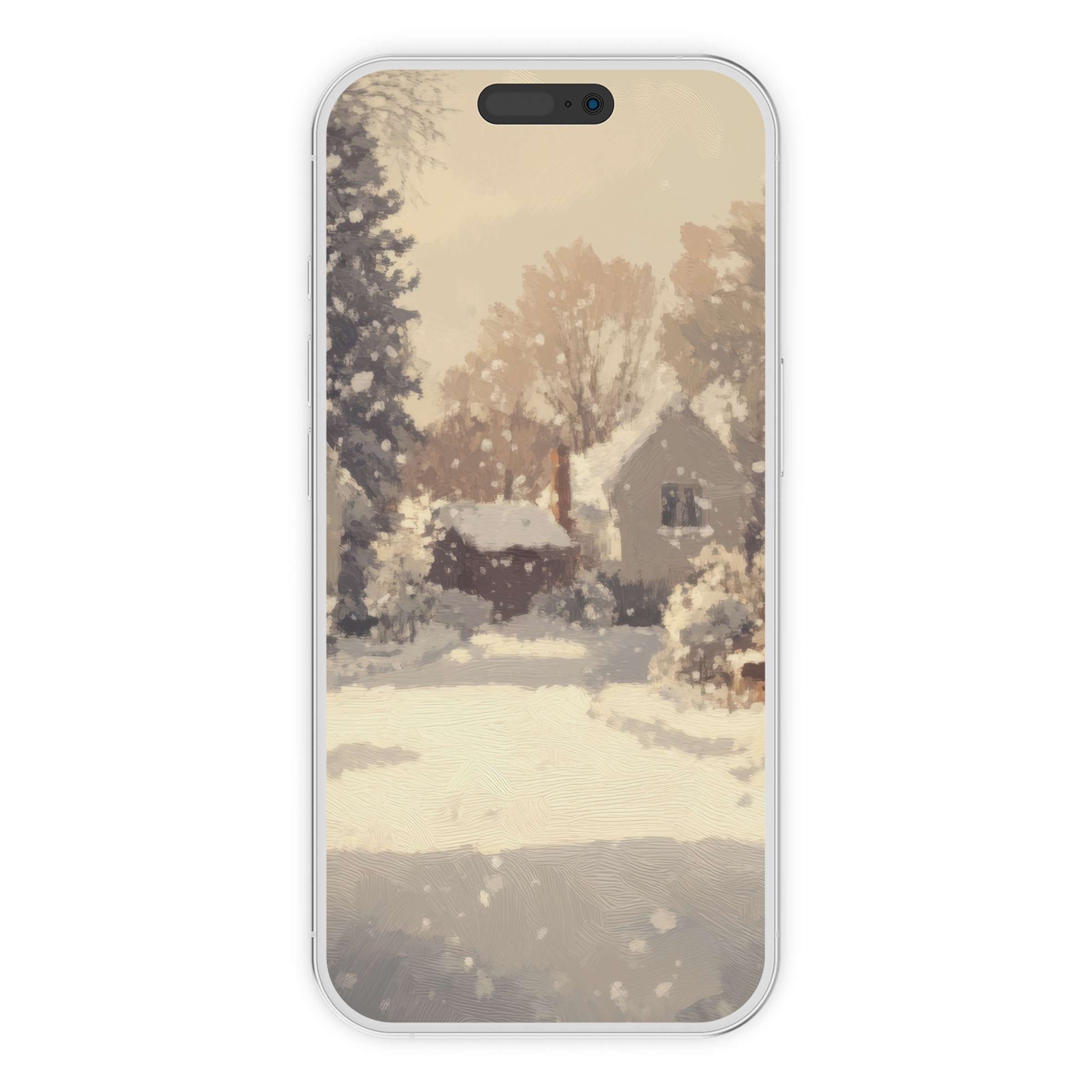 Winter iPhone wallpaper digital download featuring snowy cottage scene in tranquil pastel tones suitable for phone background use