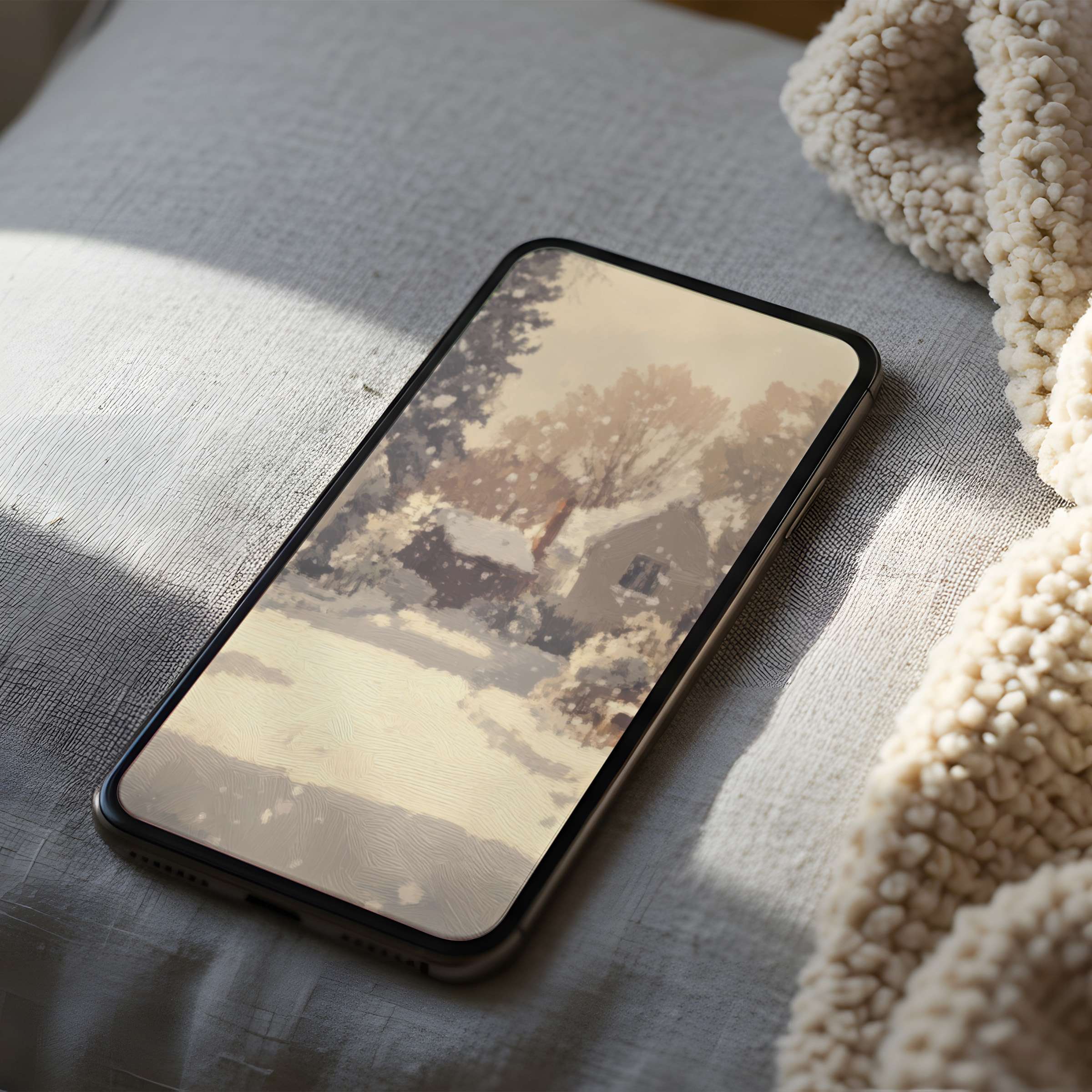 Cozy winter scene phone wallpaper offers peace and elegance for iPhone and Android with high-resolution digital download options