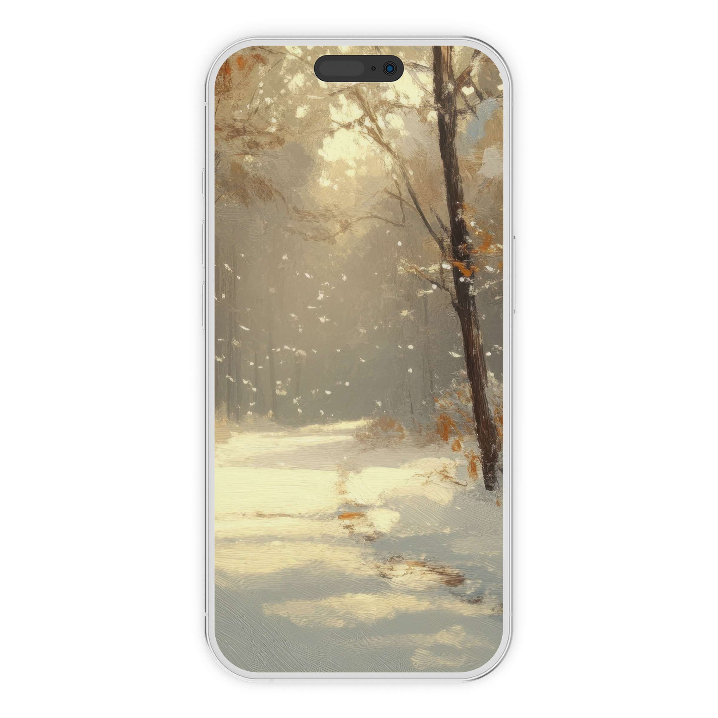 Serene winter iPhone wallpaper with a snowy forest pathway in soft golden light offers a calming digital download background for any phone