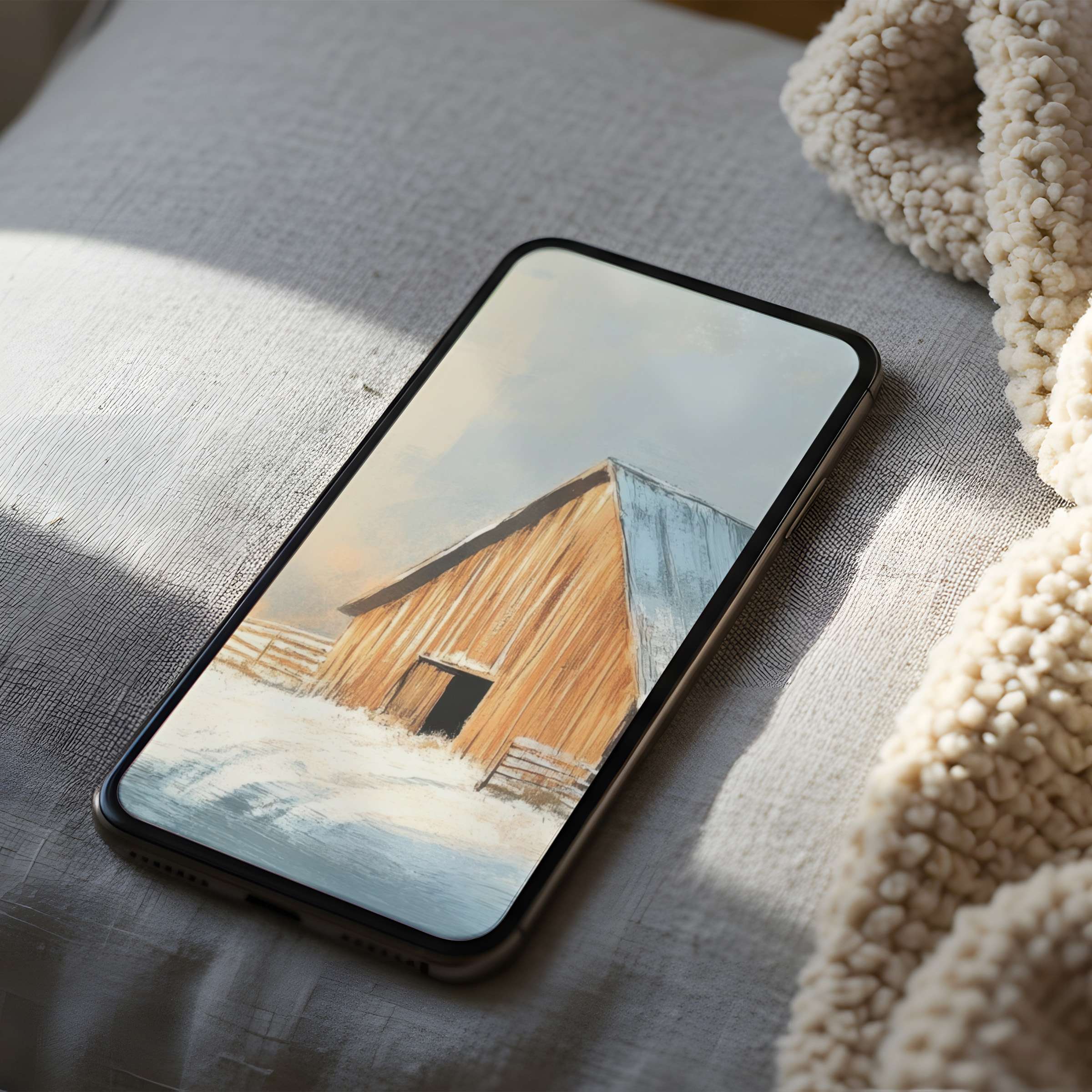 Elegant phone wallpaper featuring a serene barn in snow, perfect for high resolution iPhone and android downloads, inspires tranquility