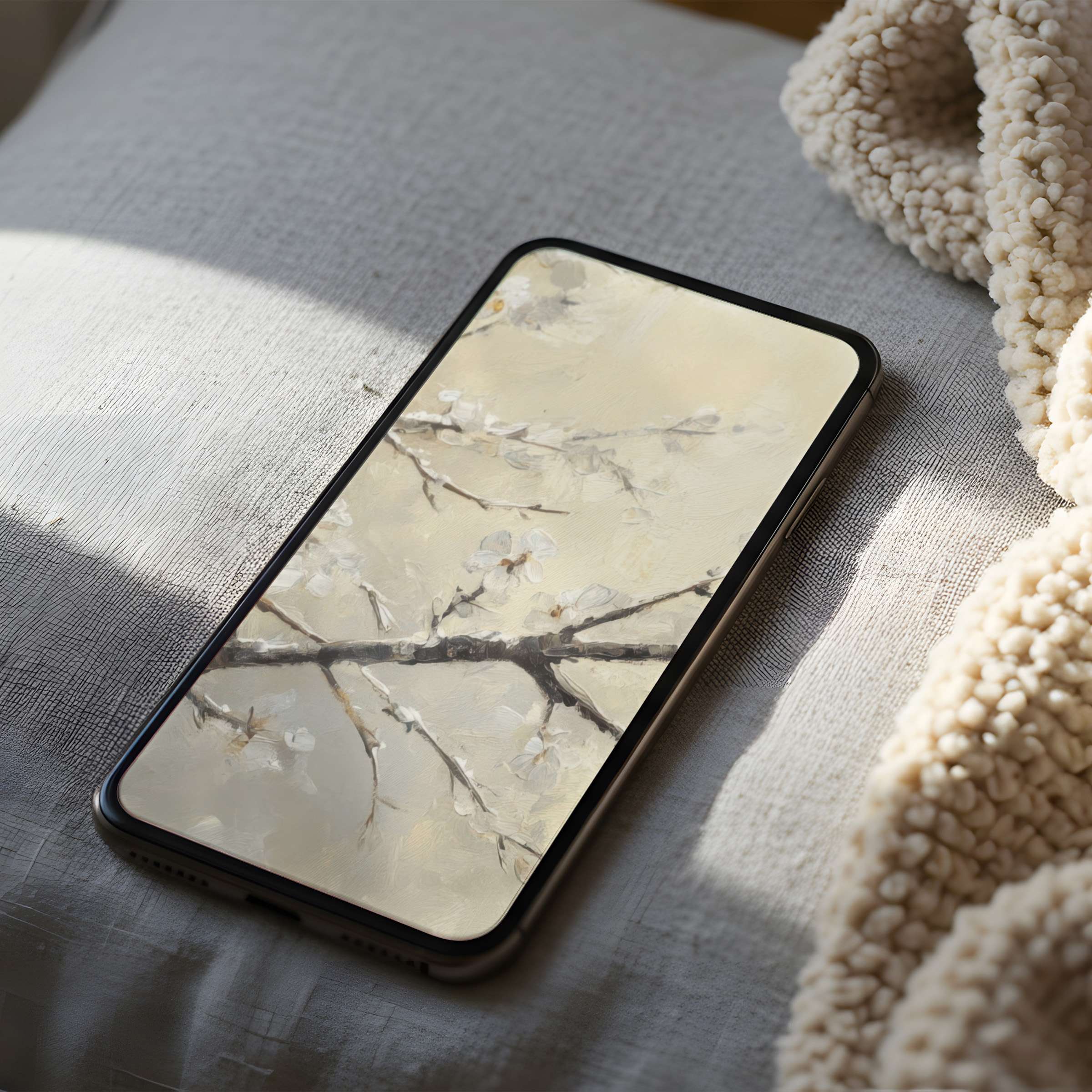 Elegant floral phone wallpaper featuring delicate branches and white blossoms on a soft beige background, perfect for iPhone and Android