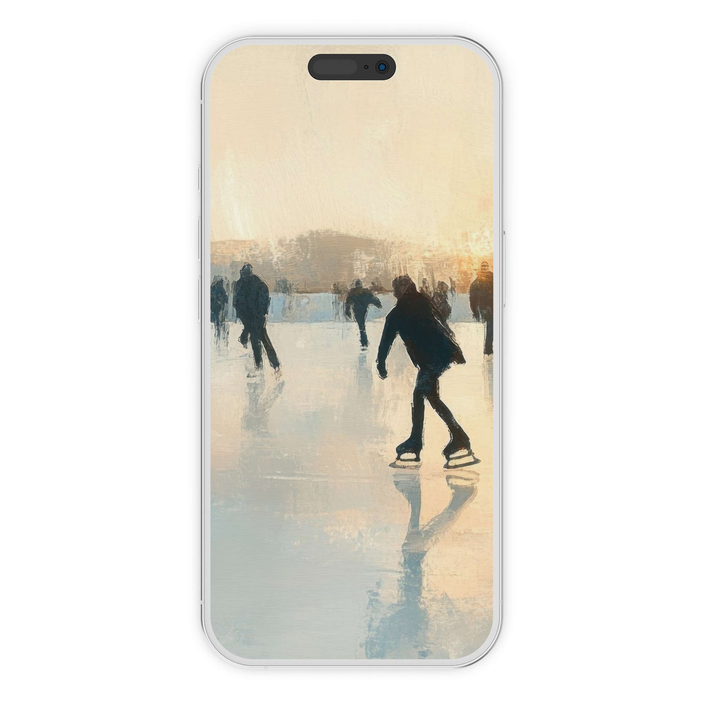 Elegant winter iPhone wallpaper showcasing serene ice skaters at sunset for a calming phone background digital download