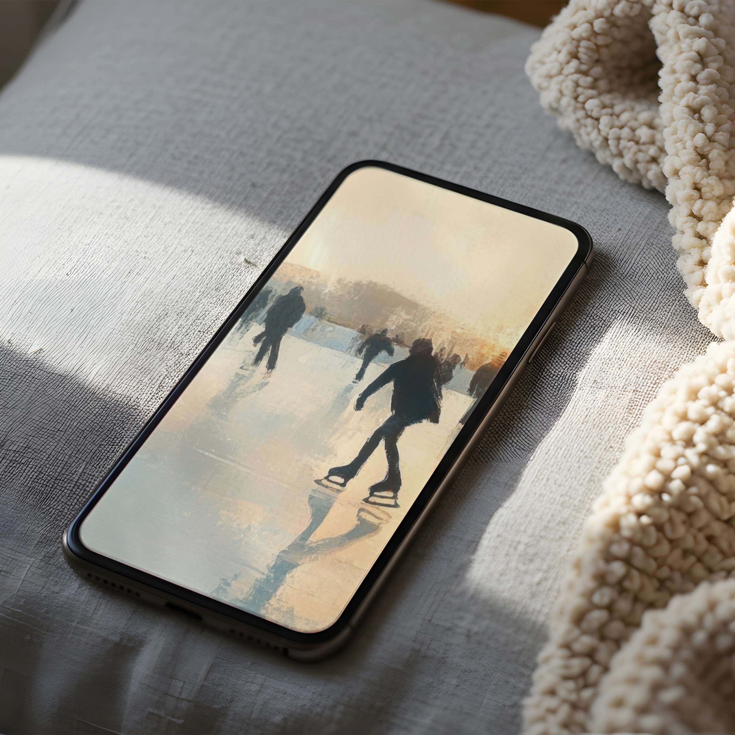 Elegant ice skating scene as phone wallpaper in soft hues inspires tranquility suitable for iPhone and android digital download