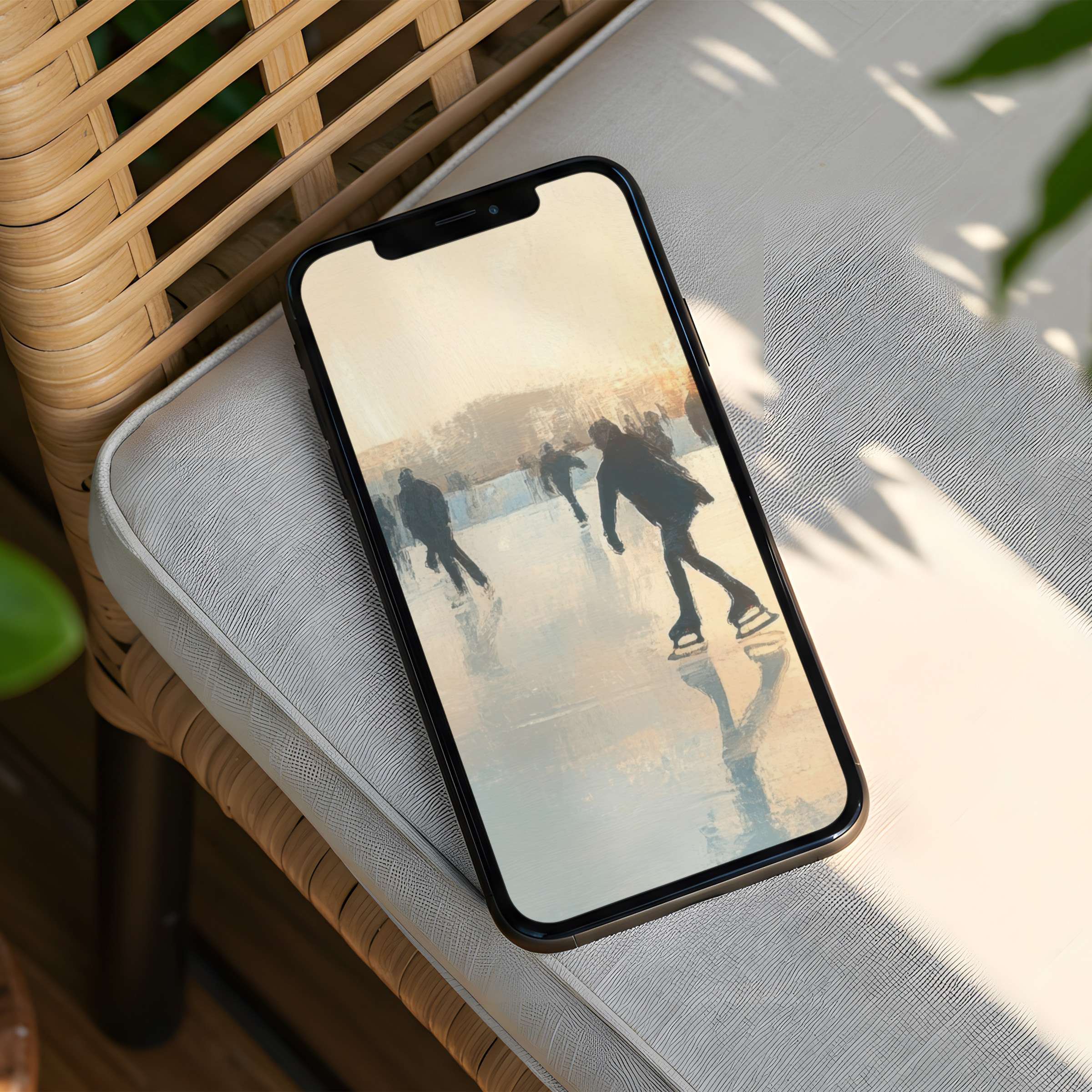 Elegant iPhone background featuring serene ice skating scene, offering instant download for phone users seeking mindfulness and inspiration