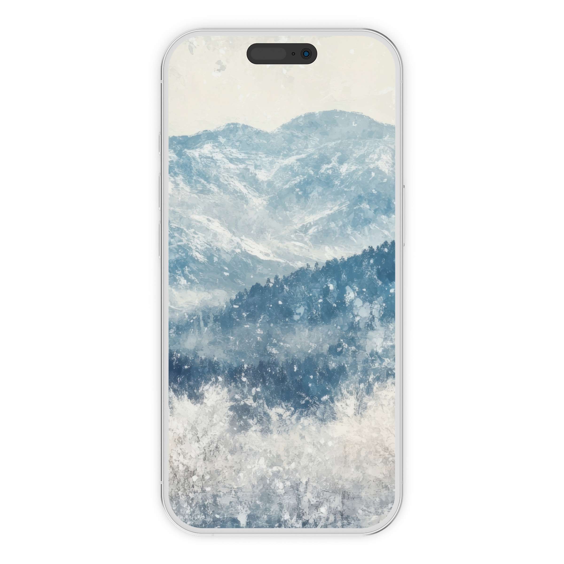Winter iPhone wallpaper with serene snowy mountains and trees in watercolor style offers a calming phone background digital download
