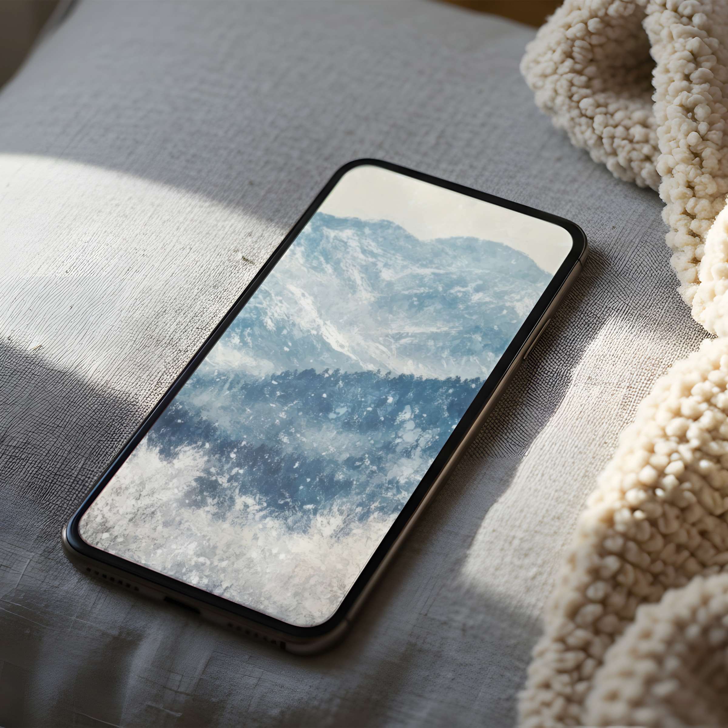 Elegant mountain scene phone wallpaper in high resolution evokes calmness, ideal for iPhone and Android, enhancing serene spaces