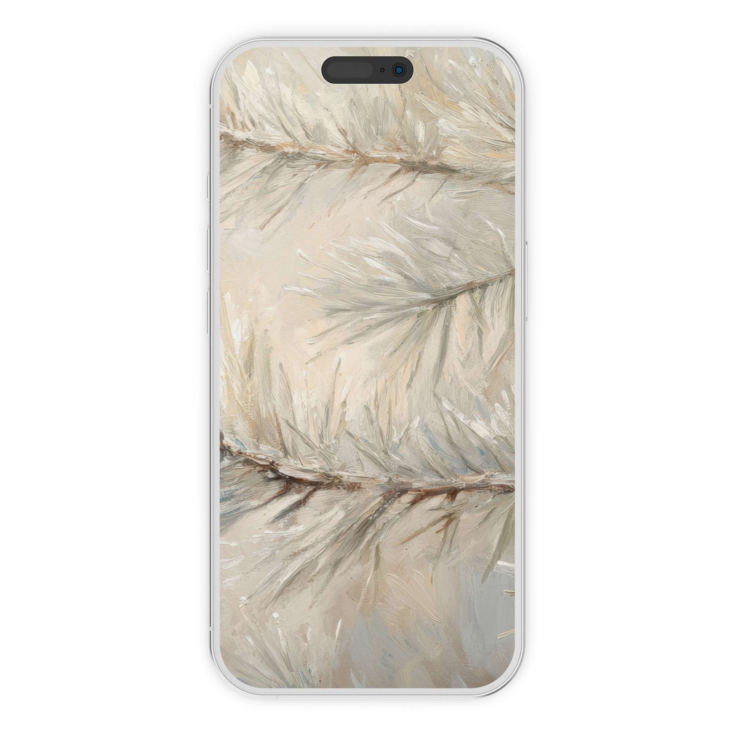 Elegant winter iPhone wallpaper featuring soothing beige pine branches, perfect digital download for tranquil phone backgrounds offering serene aesthetic appeal