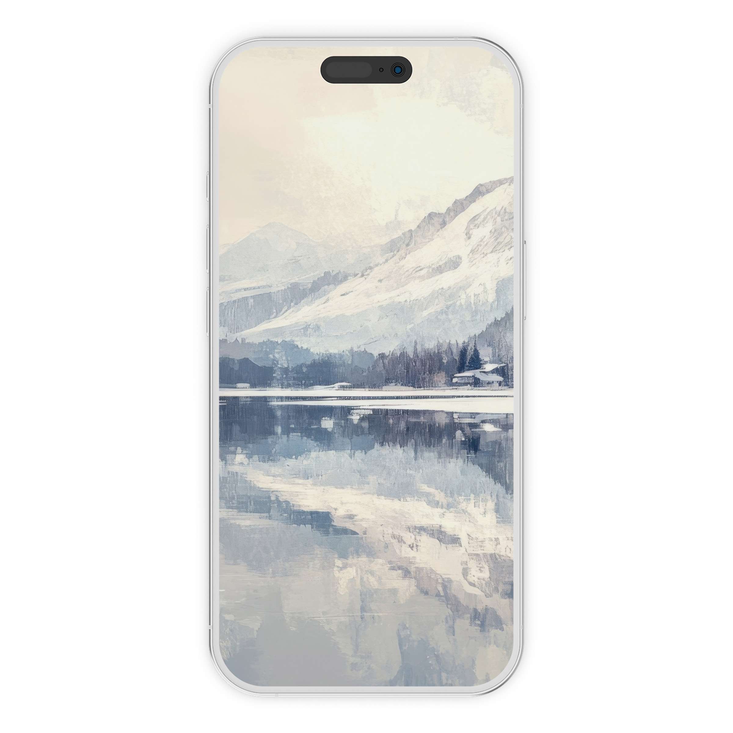 Winter iPhone wallpaper featuring serene watercolor mountains and a glassy lake background, ideal digital download for phone aesthetics