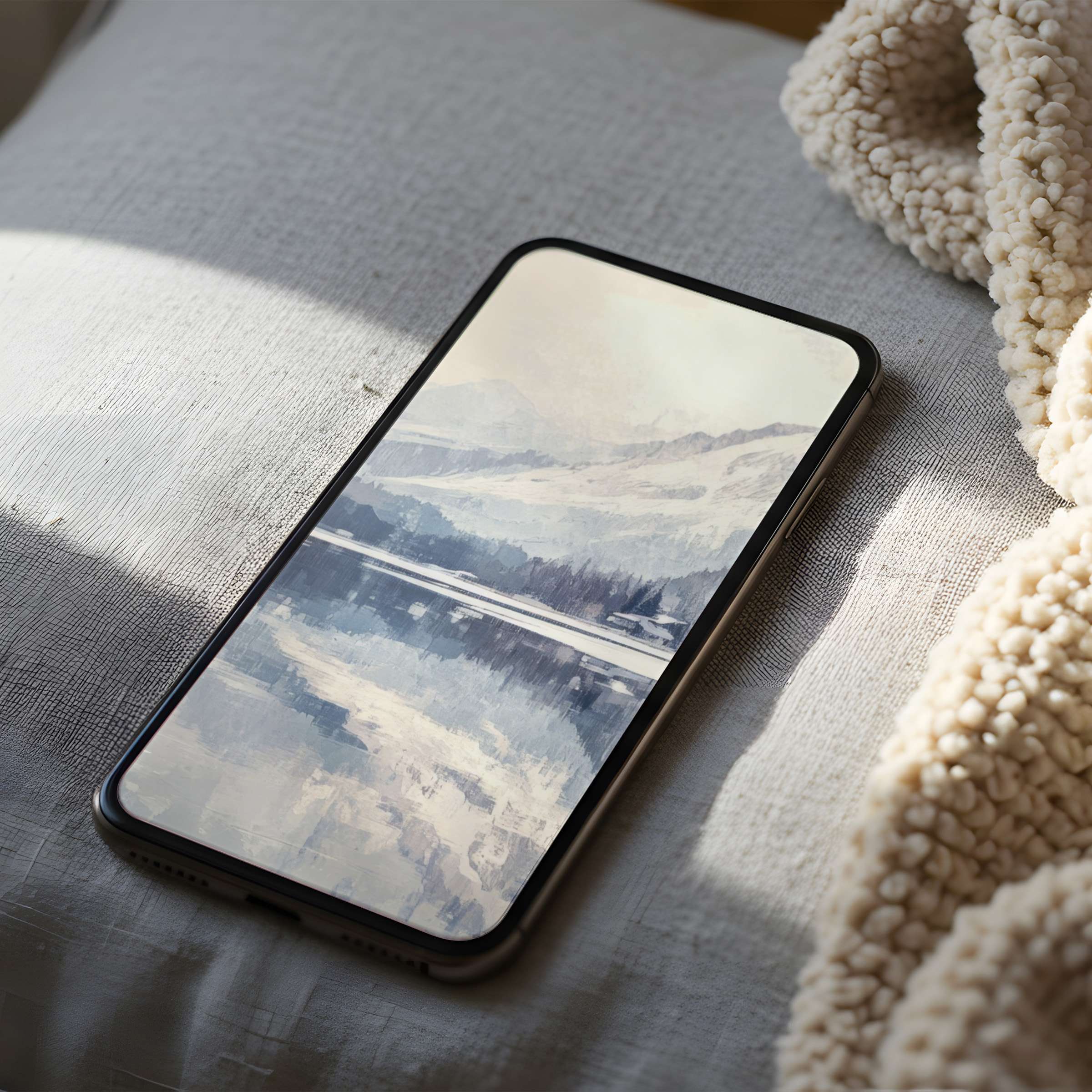 High-resolution phone wallpaper featuring serene mountains and a reflective lake in soft hues brings tranquility to your iPhone and Android screens