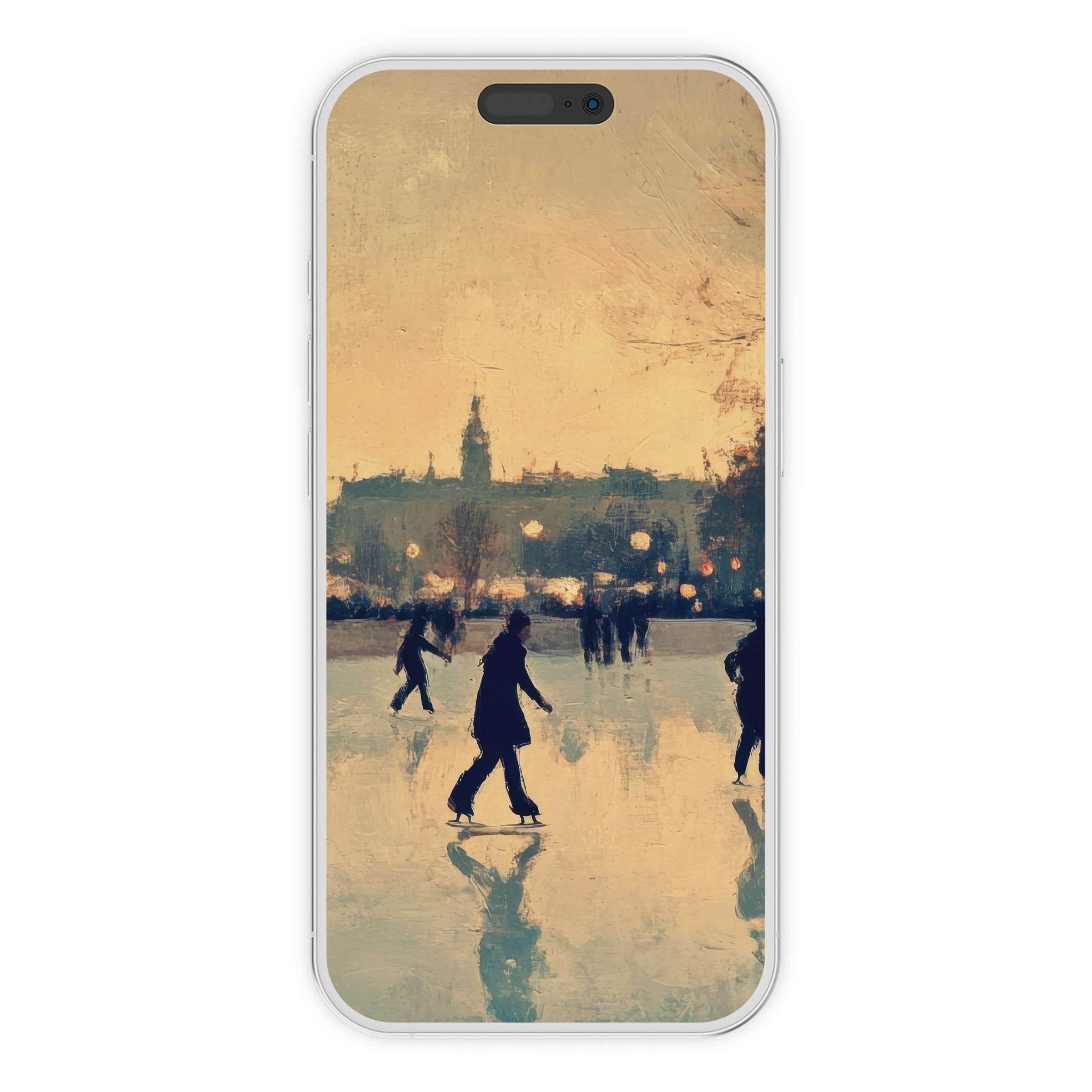 Winter iPhone wallpaper digital download with elegant hues and serene skating scene, perfect phone background for tranquil vibes