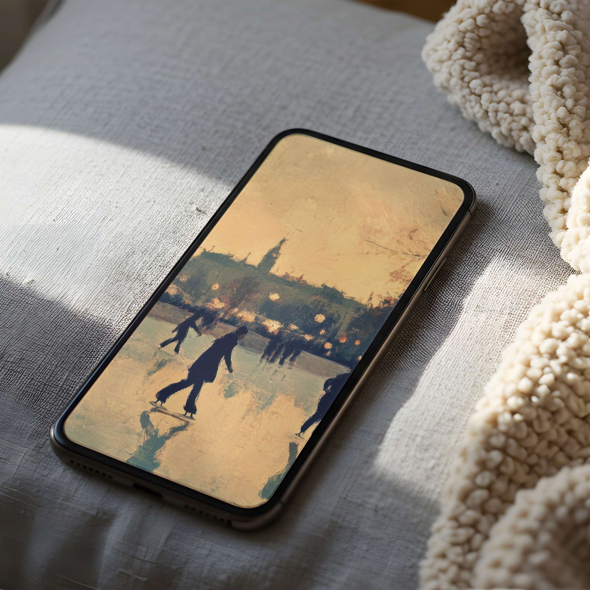 Elegant winter skating scene phone wallpaper in soft hues, perfect high resolution digital download for iPhone and android calmness