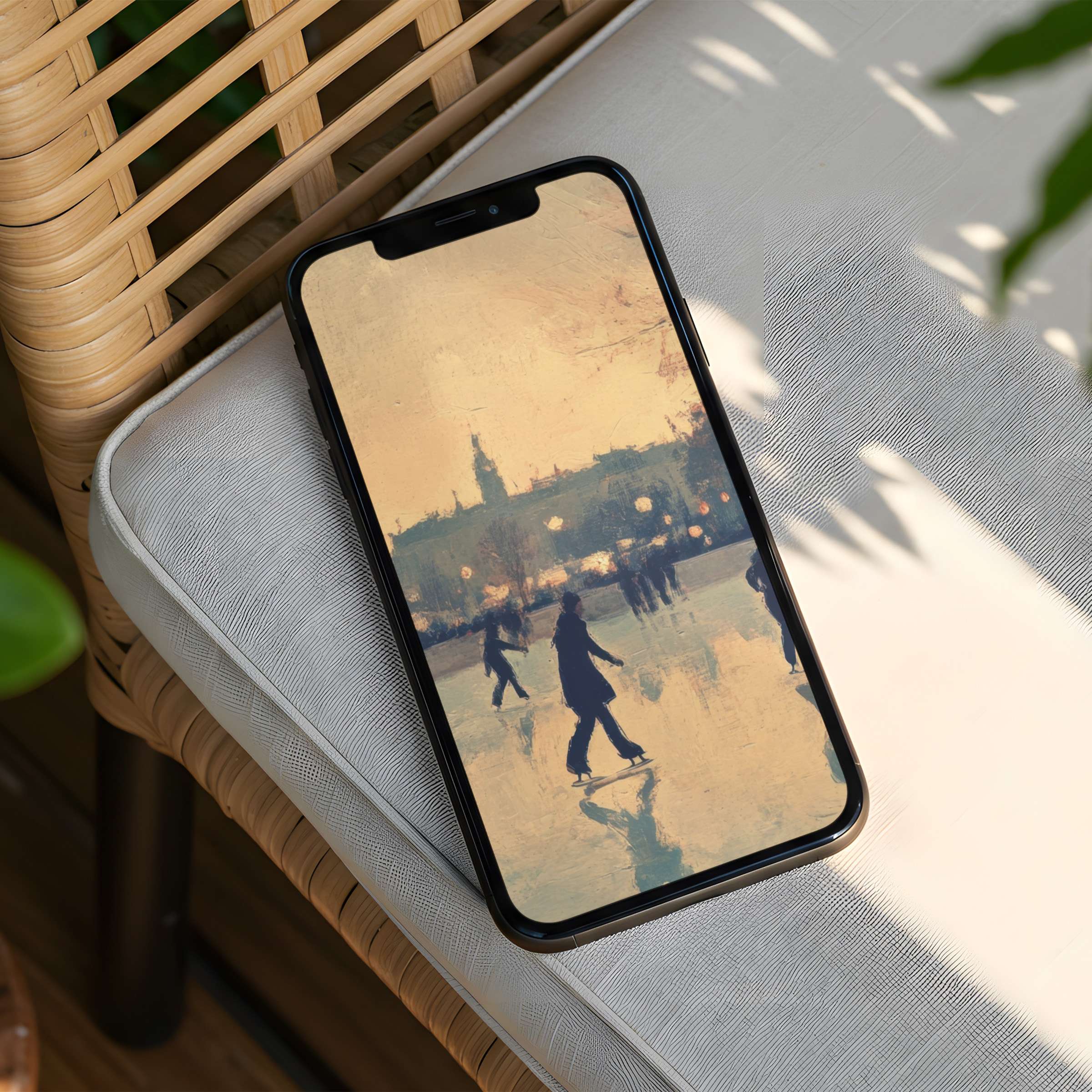 Elegant iPhone background depicting serene silhouettes on an ice rink available for instant download for any phone user seeking calm inspiration