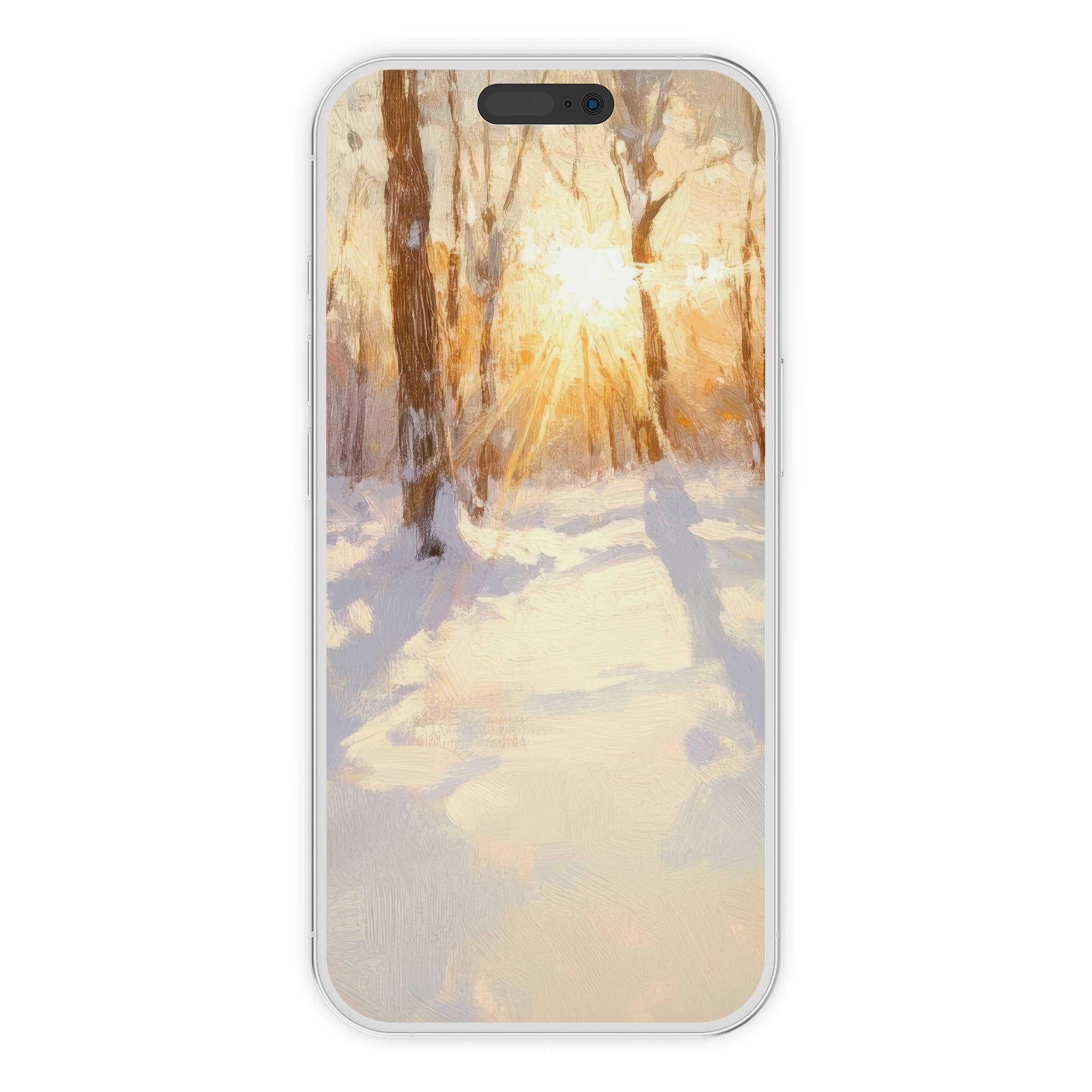 Winter iPhone wallpaper featuring a serene snowy forest with golden sunlight, perfect phone background digital download for elegance