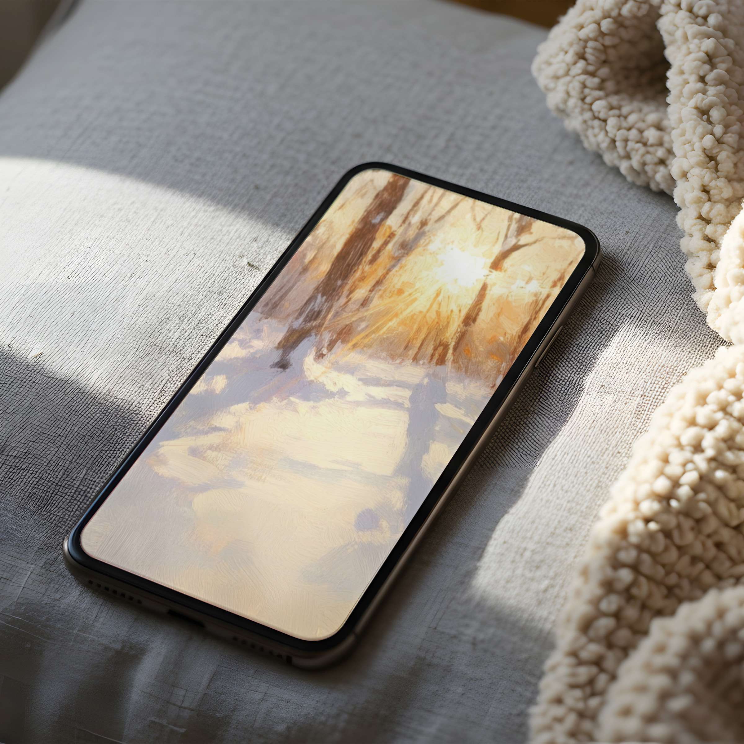 Elegant sunrise forest phone wallpaper with warm tones, enhancing tranquility on both iPhone and Android for an inspiring digital download