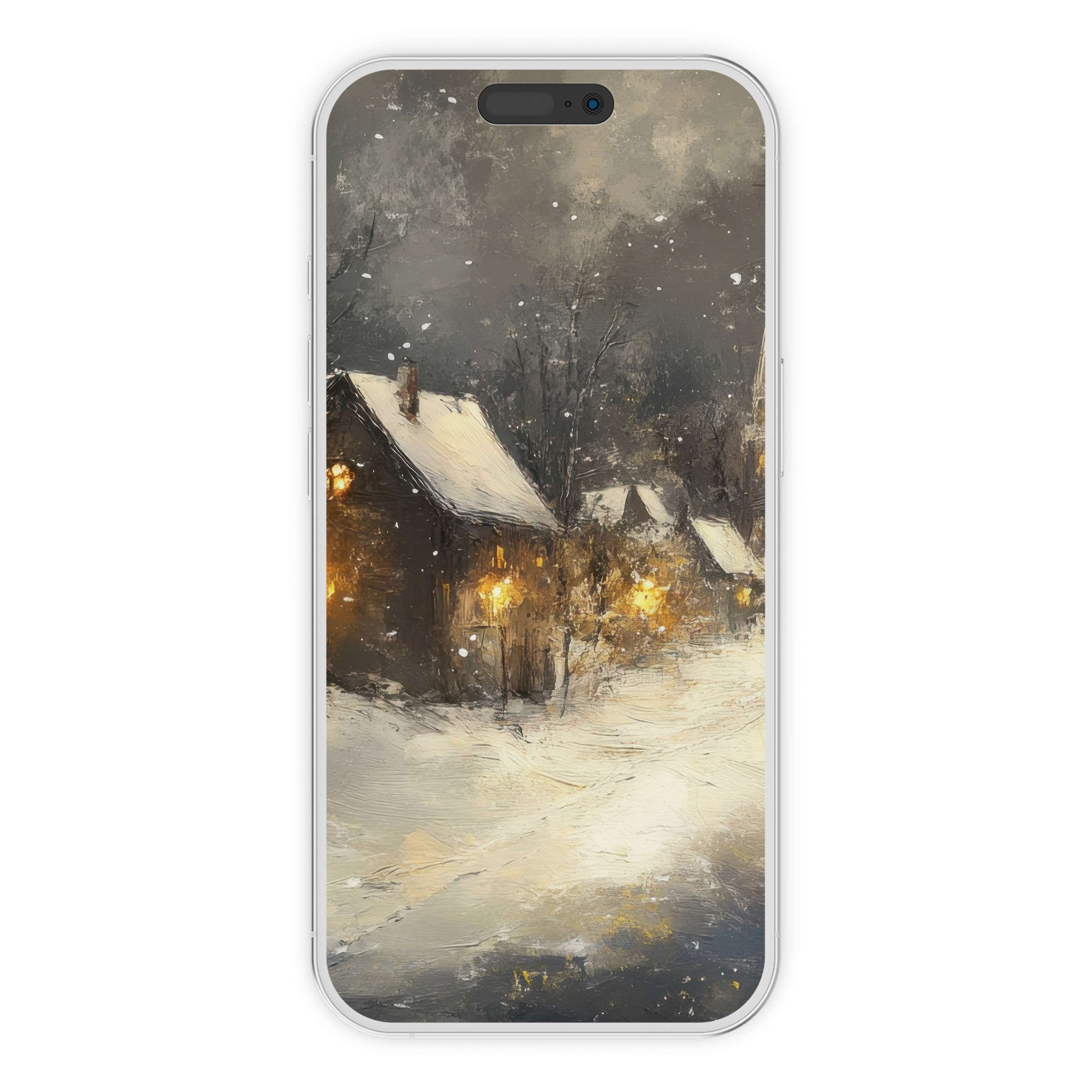 Cozy winter iPhone wallpaper with snowy village scene, soft glow, and serene digital download for elegant phone background fit