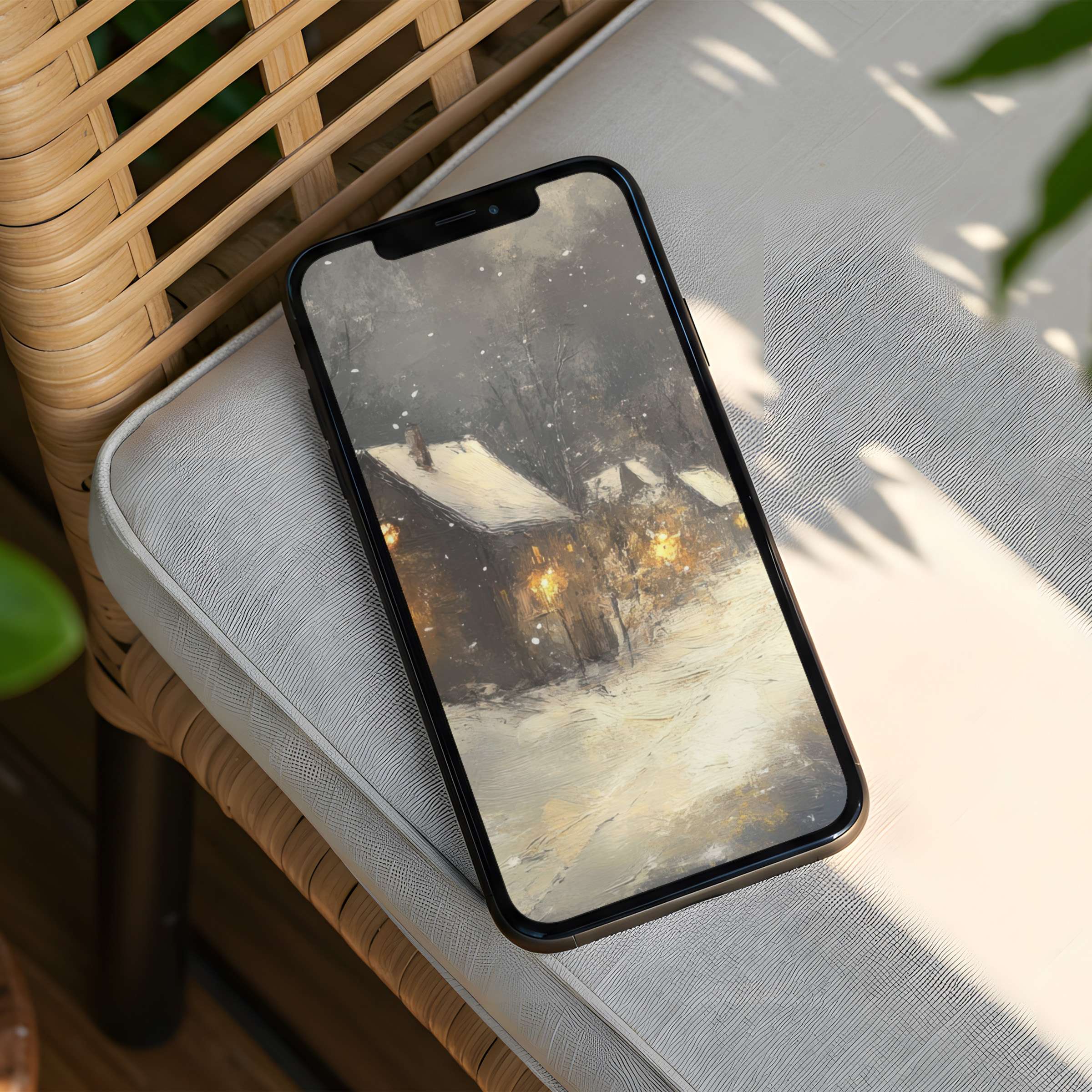 Cozy winter cabin scene iPhone background for instant download blends calm elegance perfect for phone screens and mindful inspiration