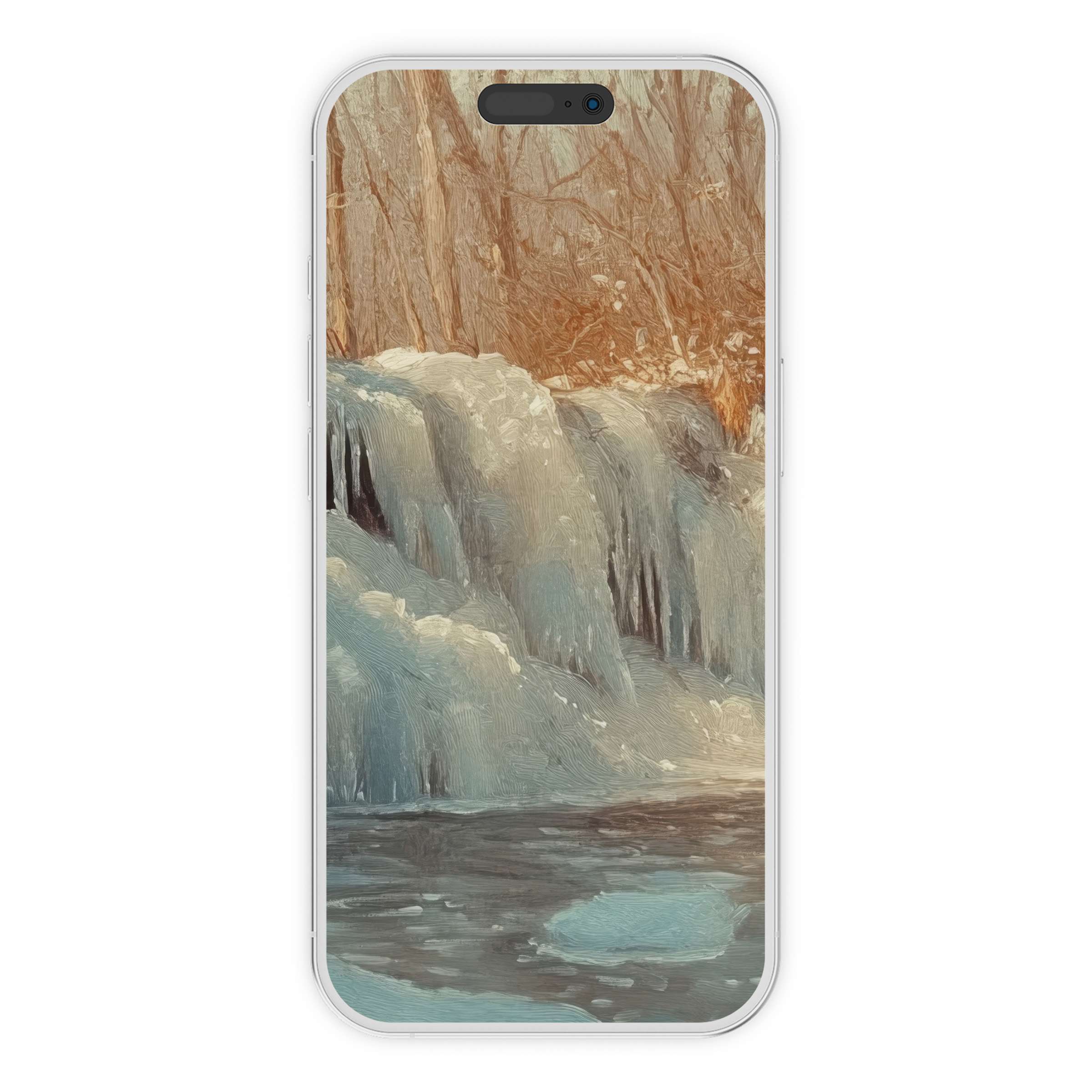 Elegant winter iPhone wallpaper showcasing serene icy waterfalls in a textured digital download phone background suitable for any device