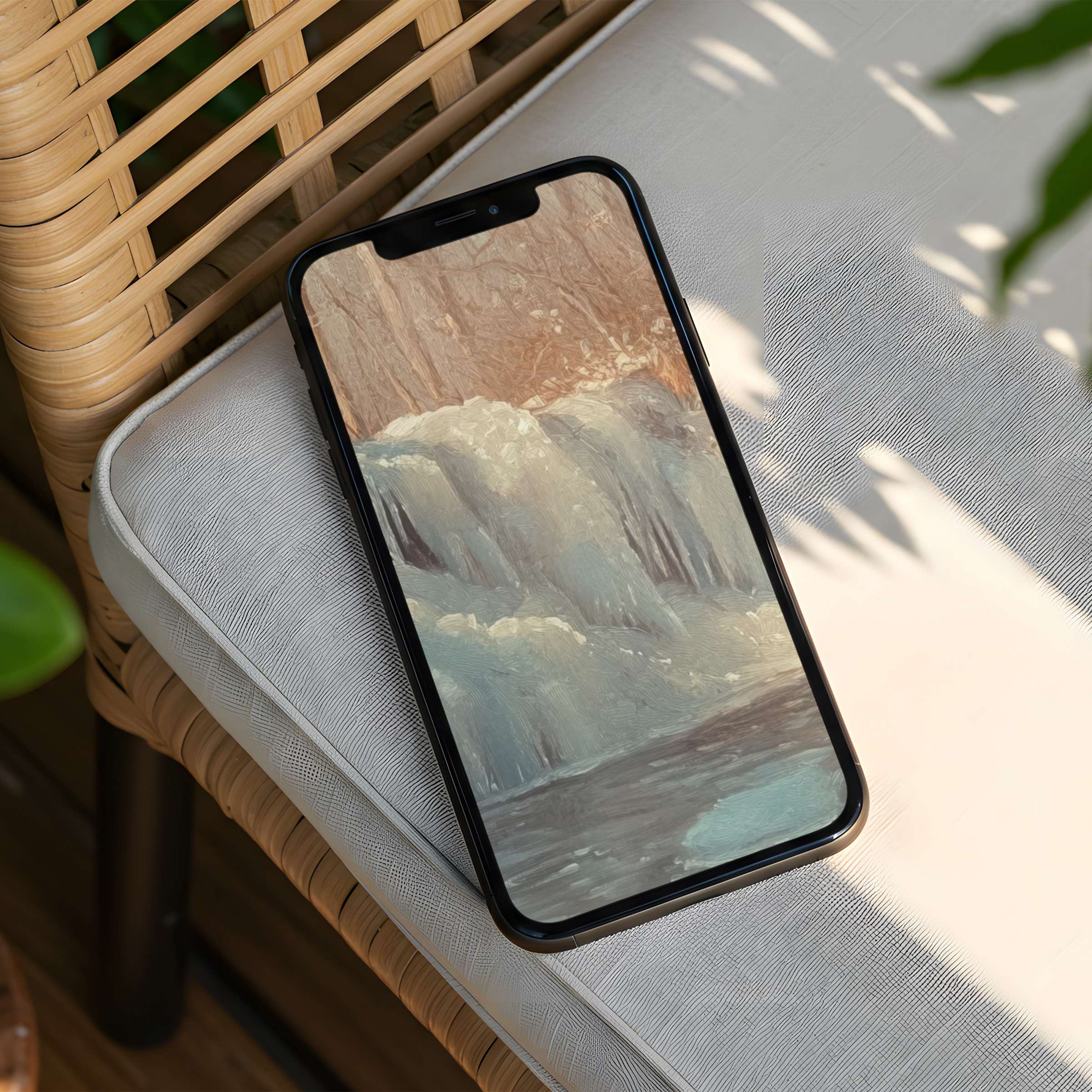 Calming iPhone background featuring serene waterfall art, ideal for instant download, fits any phone, inspiring mindfulness and elegance