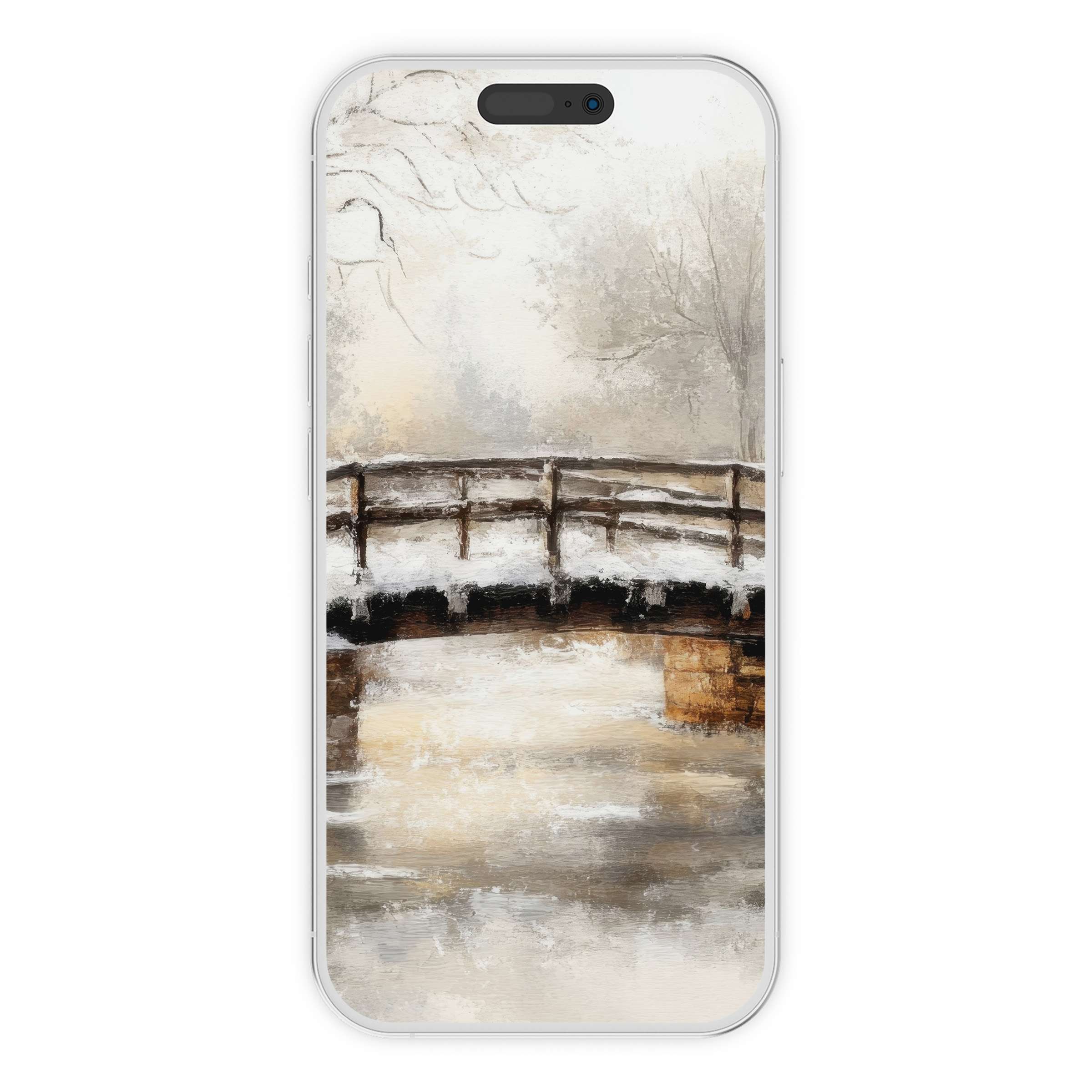 Elegant winter iPhone wallpaper featuring a serene snowy bridge in watercolor style for a calming phone background digital download