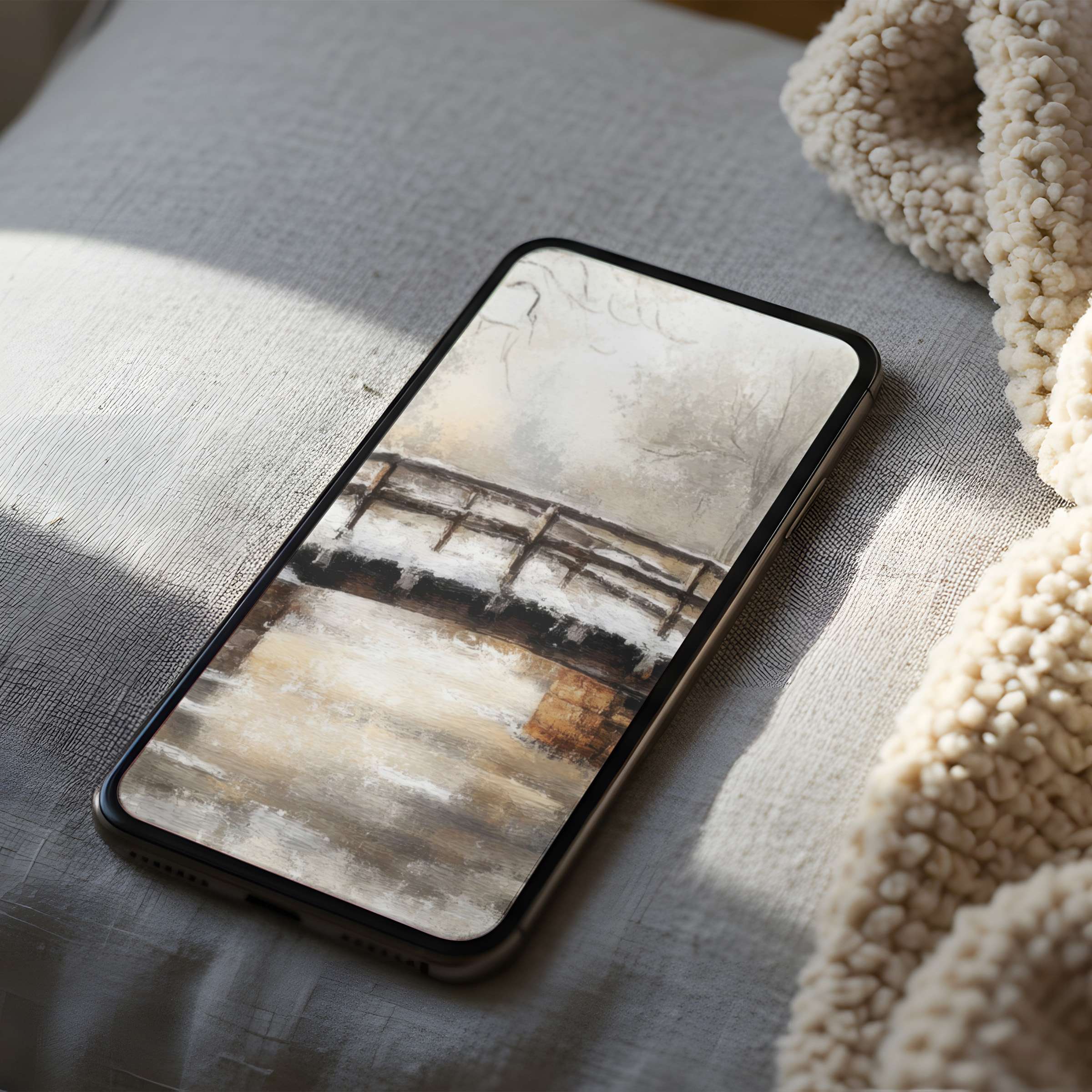 Serene bridge phone wallpaper in soft earth tones, perfect for your high resolution iPhone and android screen digital download