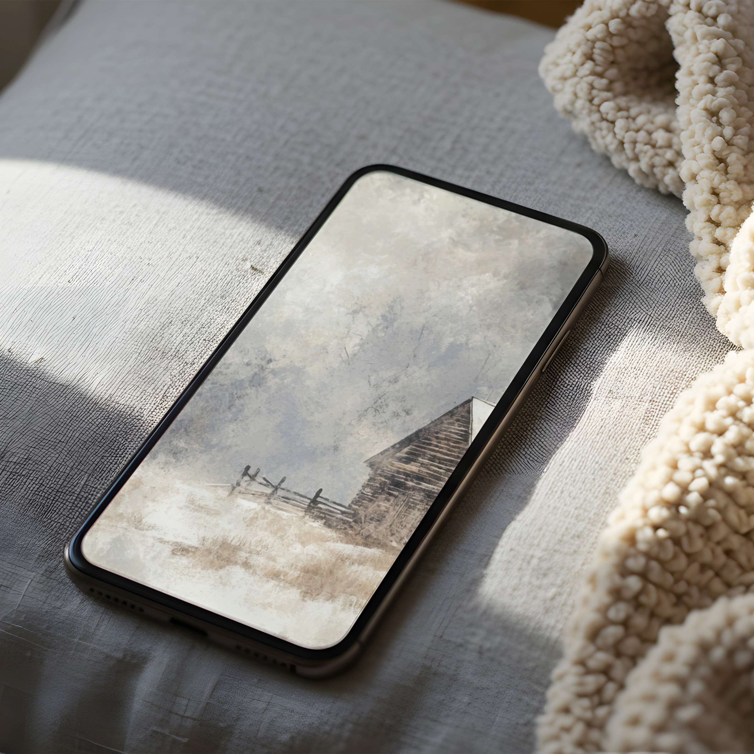 Cozy rustic barn phone wallpaper in calming neutrals, high resolution ideal for effortless download on iPhone and Android devices