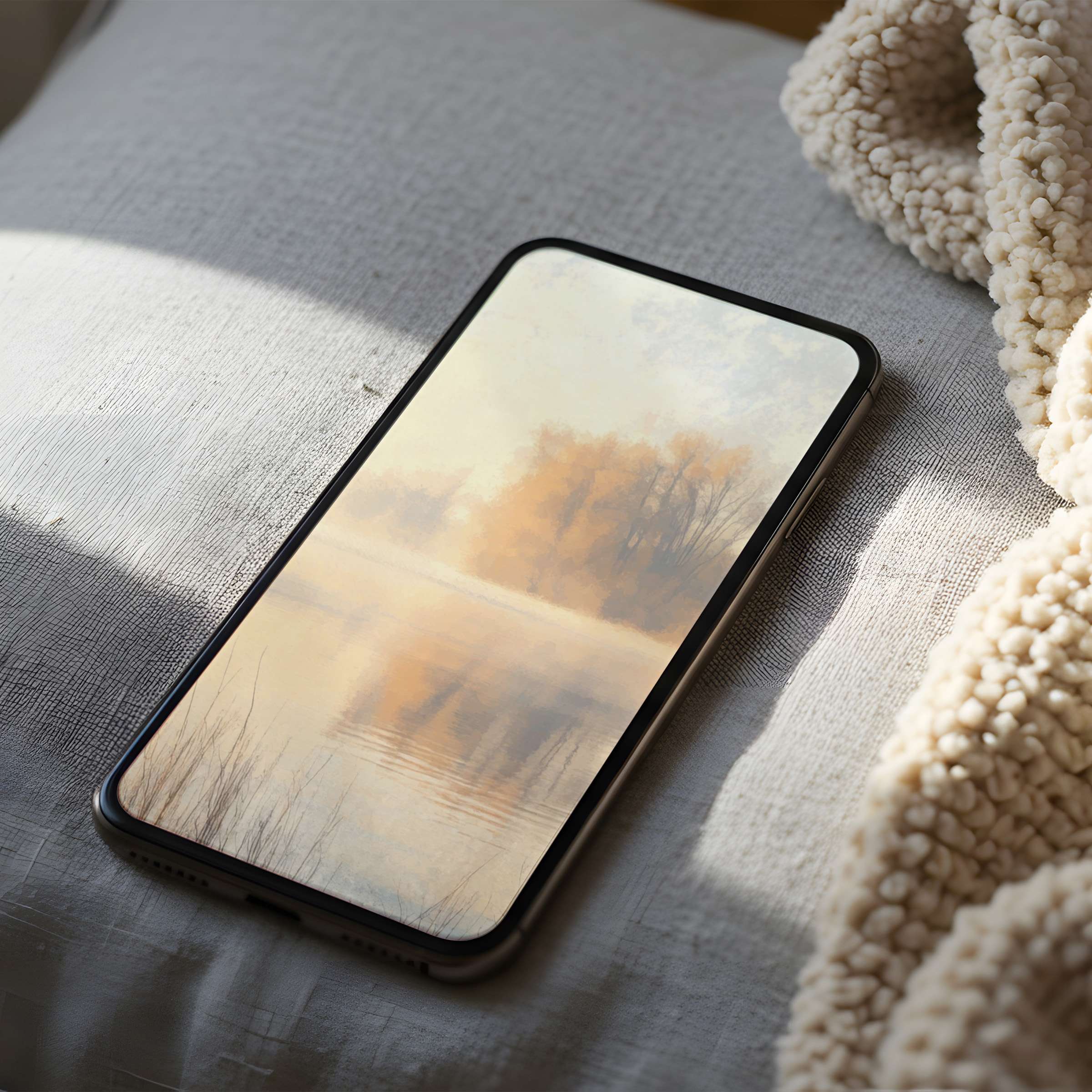 Tranquil autumn landscape phone wallpaper with soft hues enhances any iPhone or Android screen offering high resolution digital download tranquility