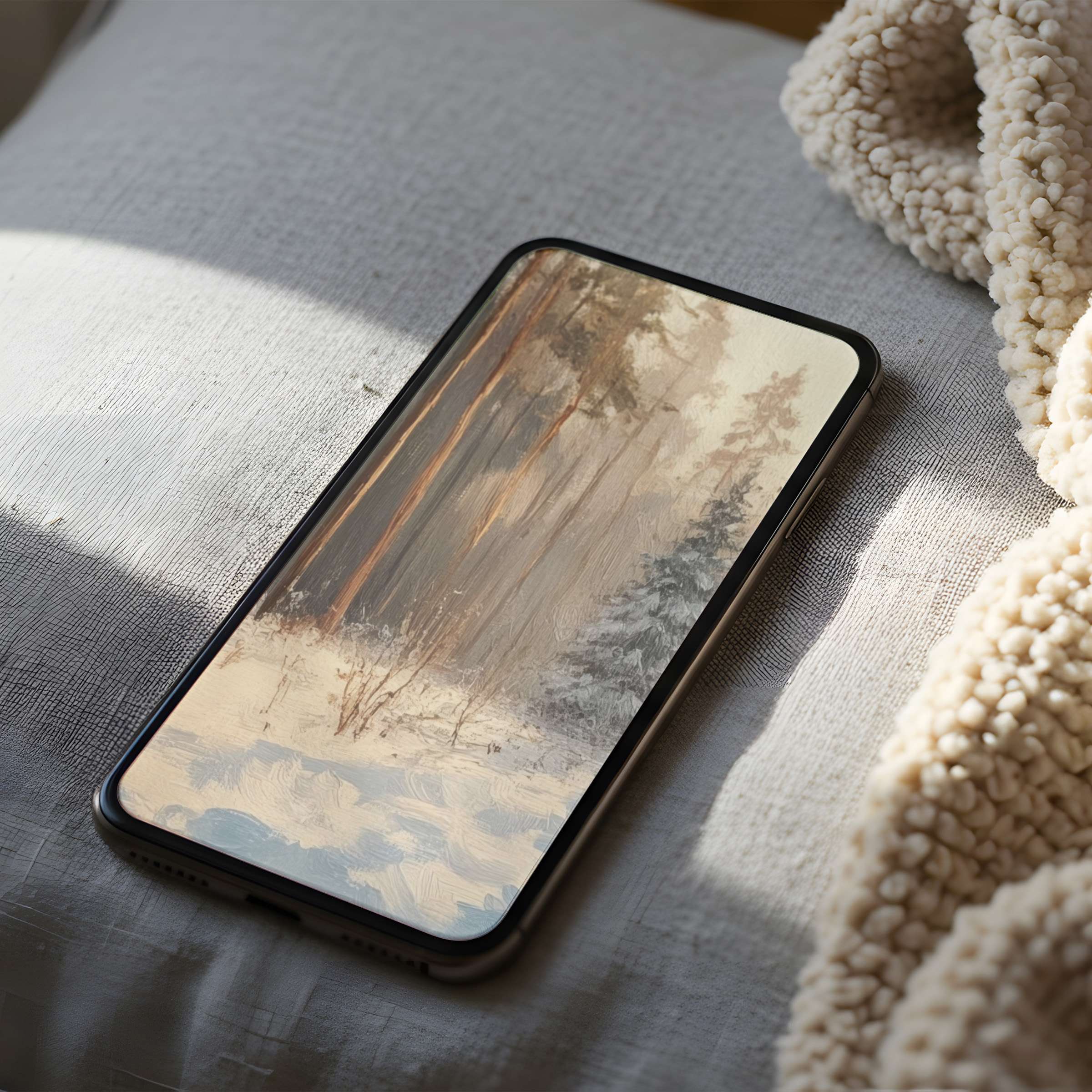 Serene winter landscape phone wallpaper in high resolution for iPhone and Android, offering calm elegance and digital download versatility