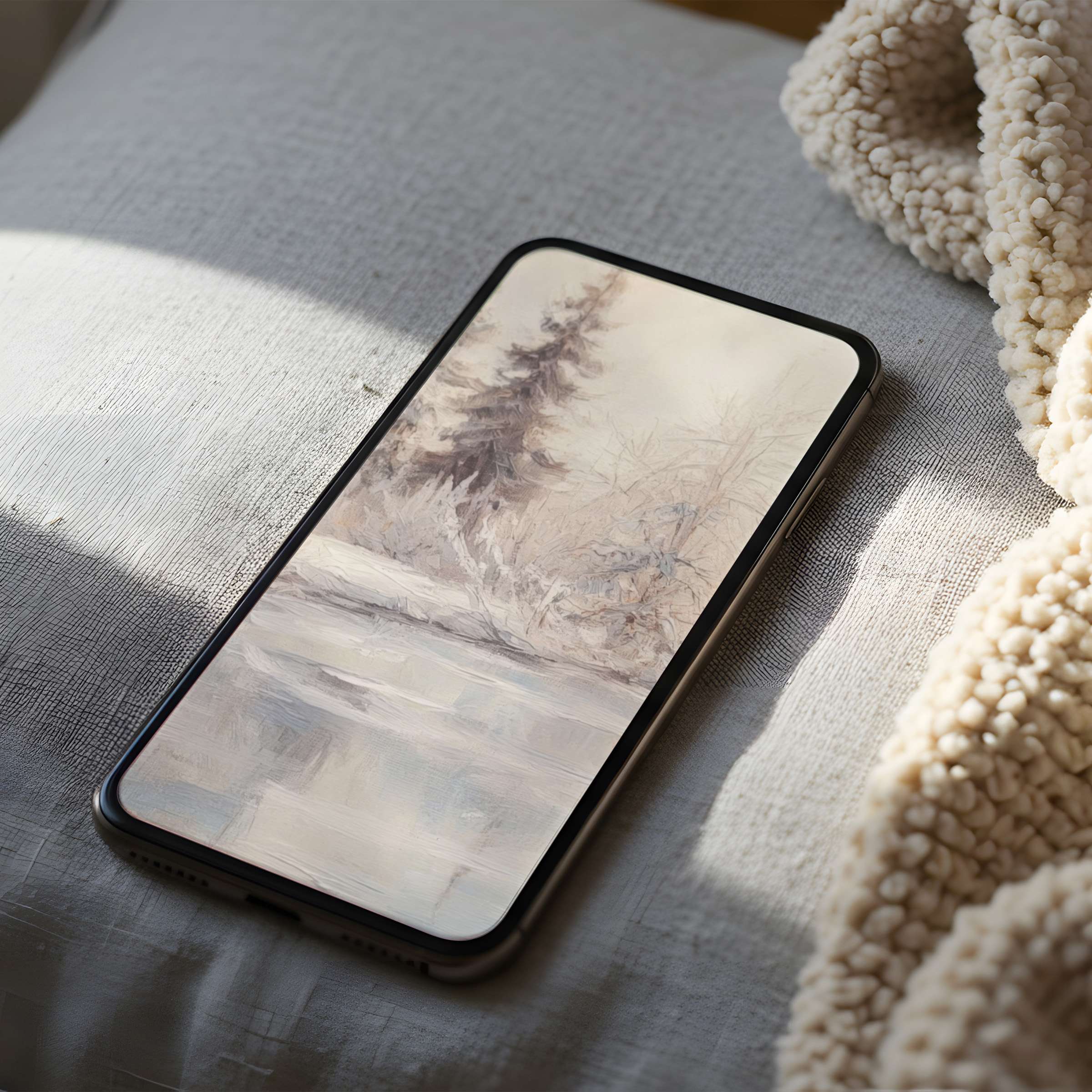 Serene winter landscape phone wallpaper featuring soft pastels and tranquil reflections perfect for iPhone and Android digital download