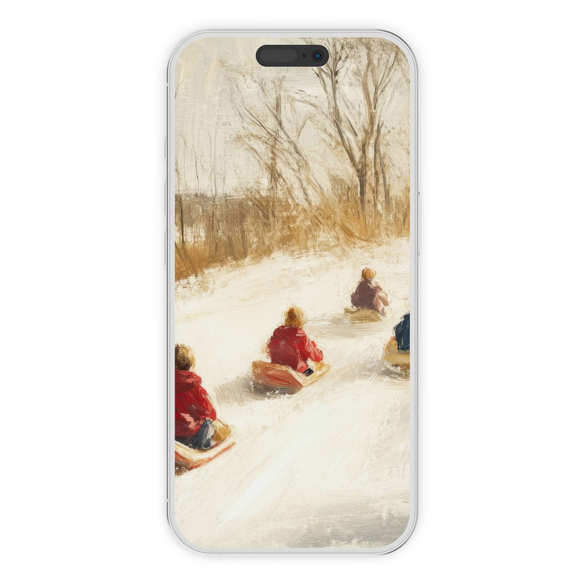 Winter iPhone wallpaper featuring children sledding in snowy forest captures serene nostalgia, perfect digital download for phone background