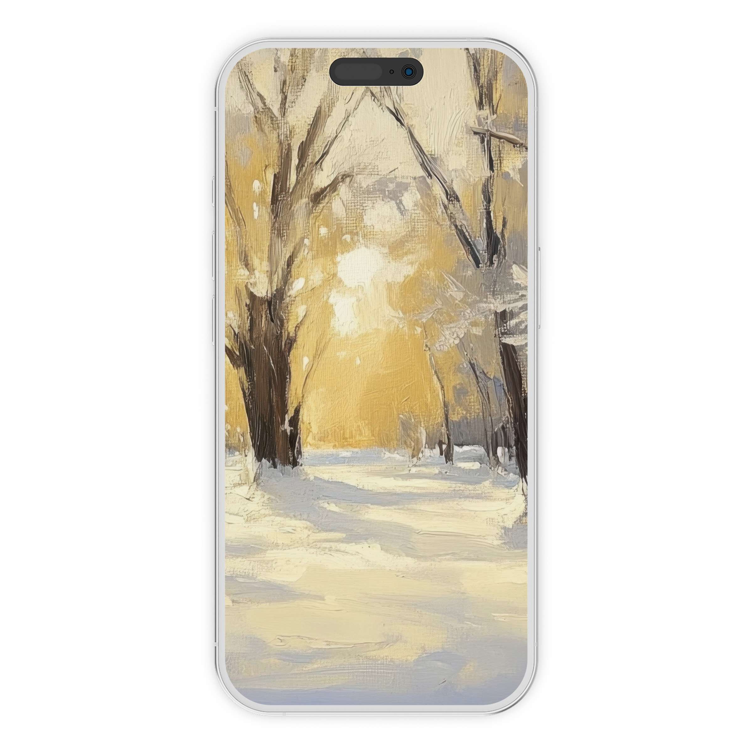 Warm winter iPhone wallpaper featuring a golden snow-laden landscape for elegant phone backgrounds digital download available