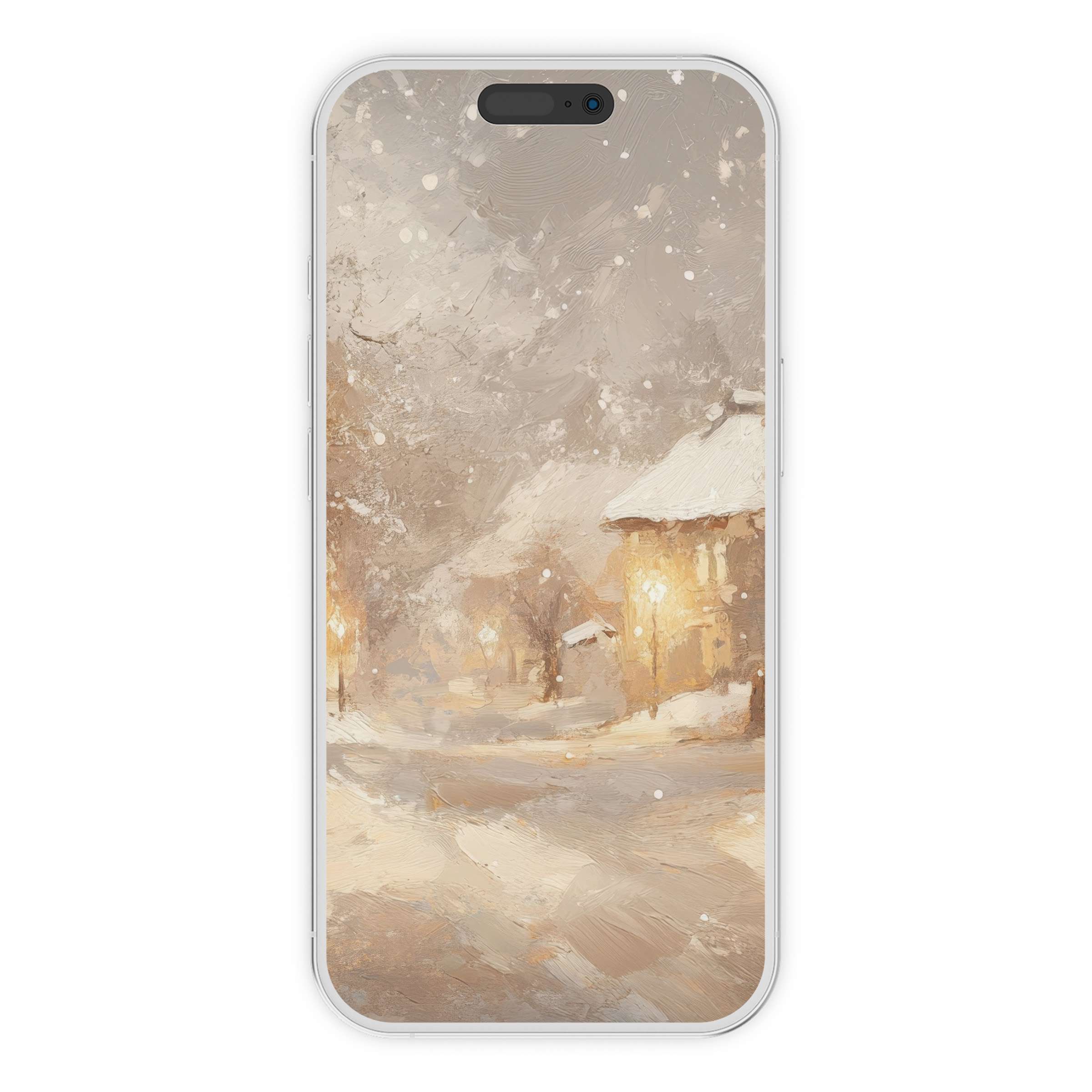 Winter iPhone wallpaper digital download offers an elegant snow-covered village scene phone background, perfect for iPhone and Android use