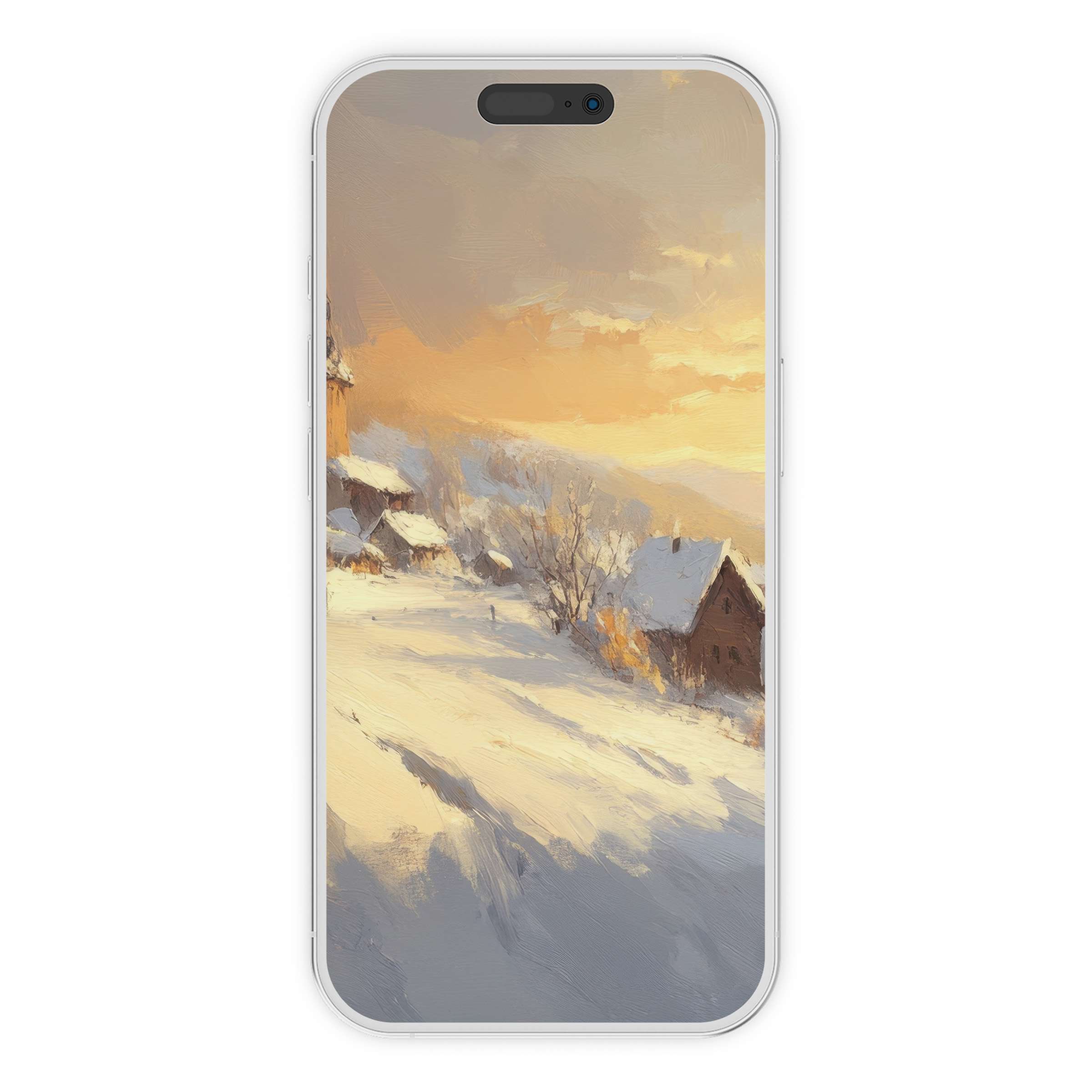 Winter iPhone wallpaper showcasing a serene snowy village at sunset, perfect digital download phone background for tranquil elegance