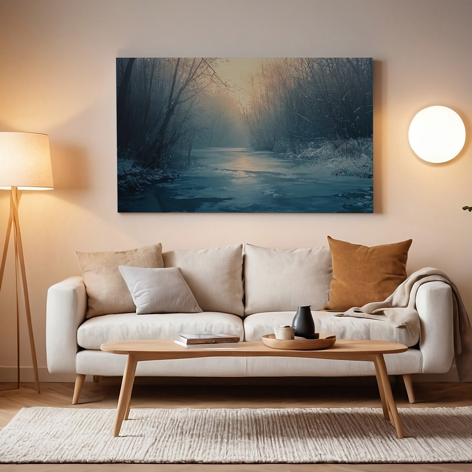 Winter Digital Art Print with Frozen Lake in Cozy Living Room