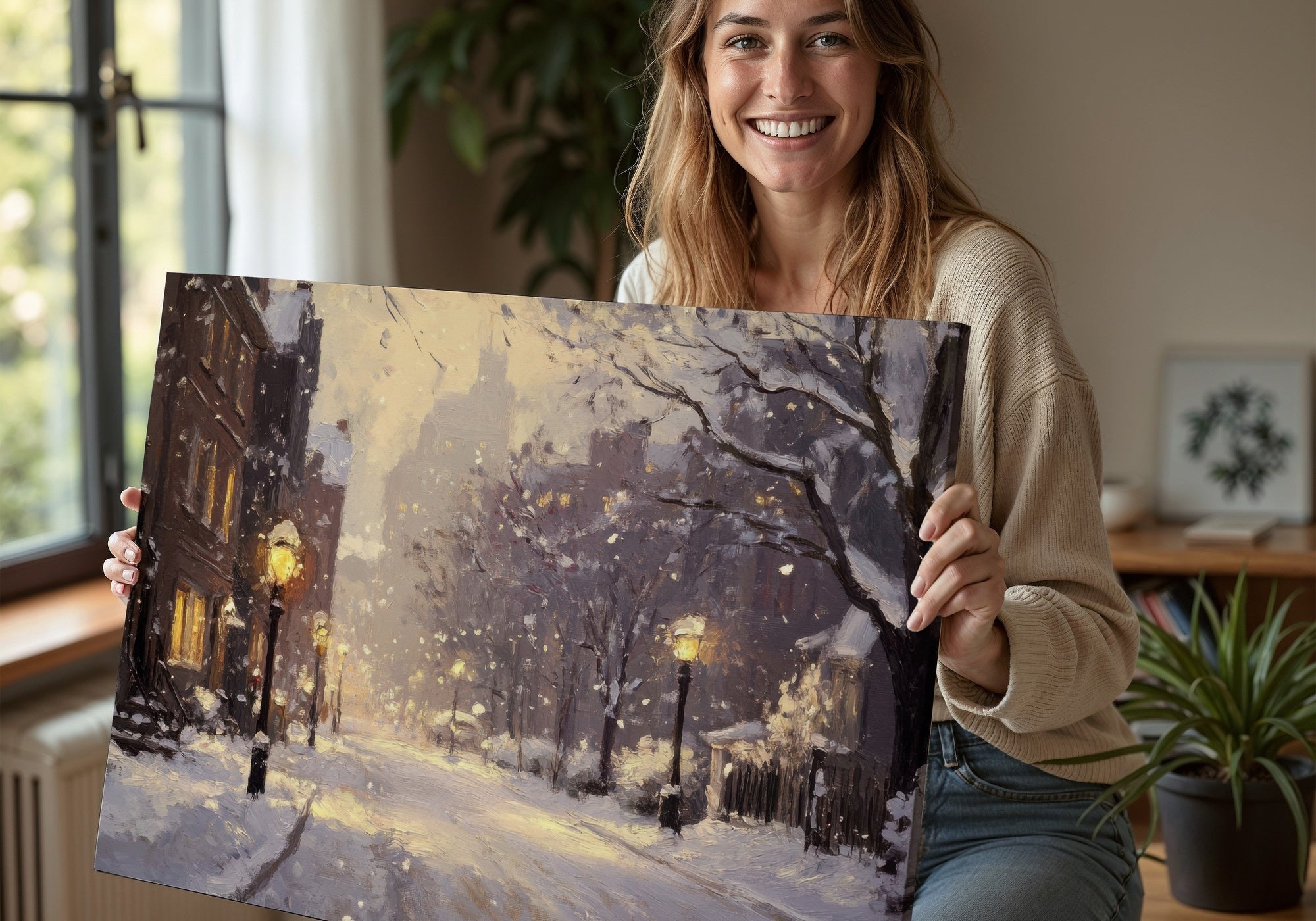 Smiling woman holding a winter-themed digital art print featuring a snowy city street illuminated by warm streetlights and soft falling snow, styled in a cozy home setting
