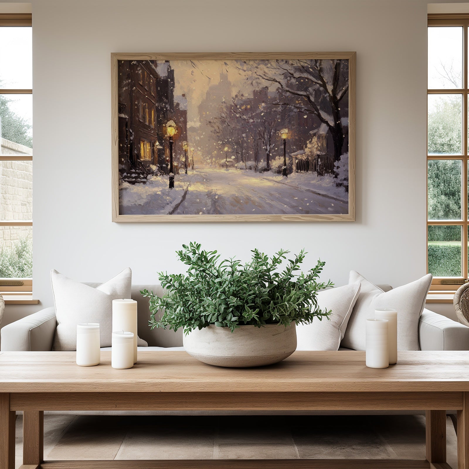 Winter cityscape printable wall art featuring a snowy street, glowing lampposts, and a calm evening atmosphere - perfect for creating a cozy and elegant winter home décor mood