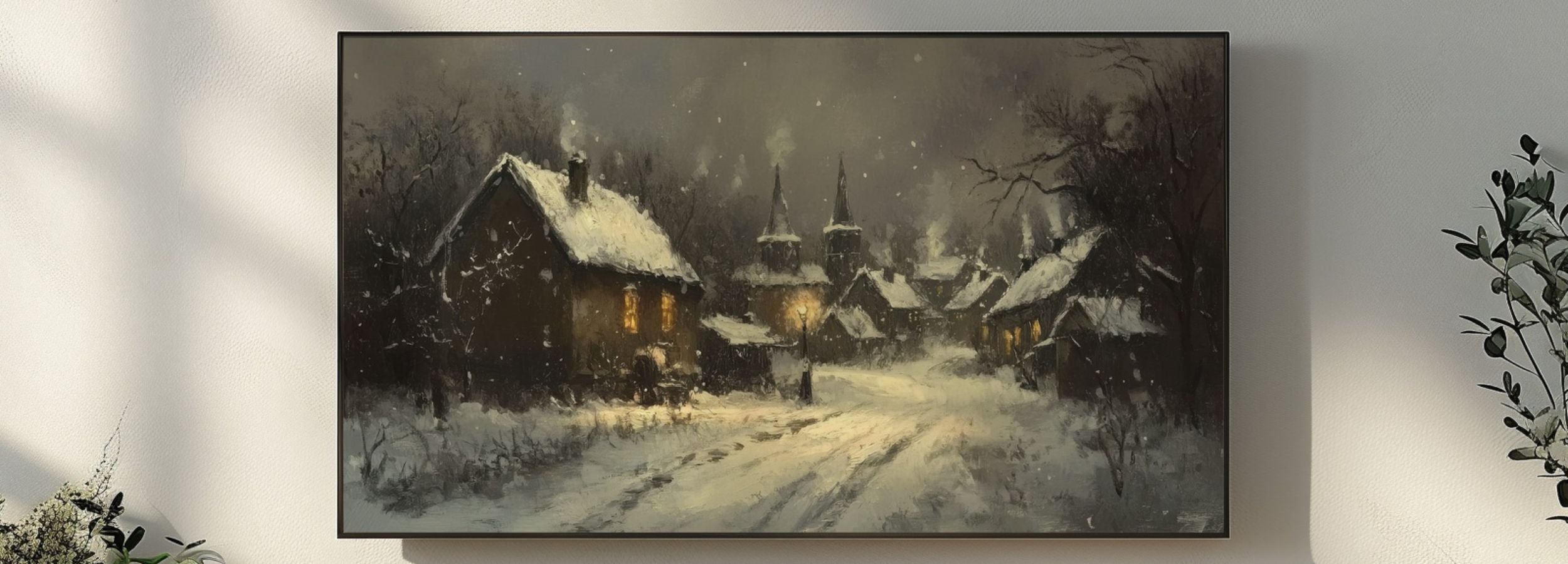 Cozy winter village landscape with glowing warm lights, snowy rooftops and falling snow - calming winter Frame TV art for serene home décor