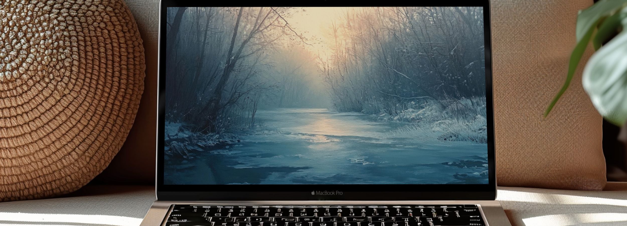 Winter river landscape desktop wallpaper with soft sunrise light and frosty trees, calming nature art for a peaceful workspace