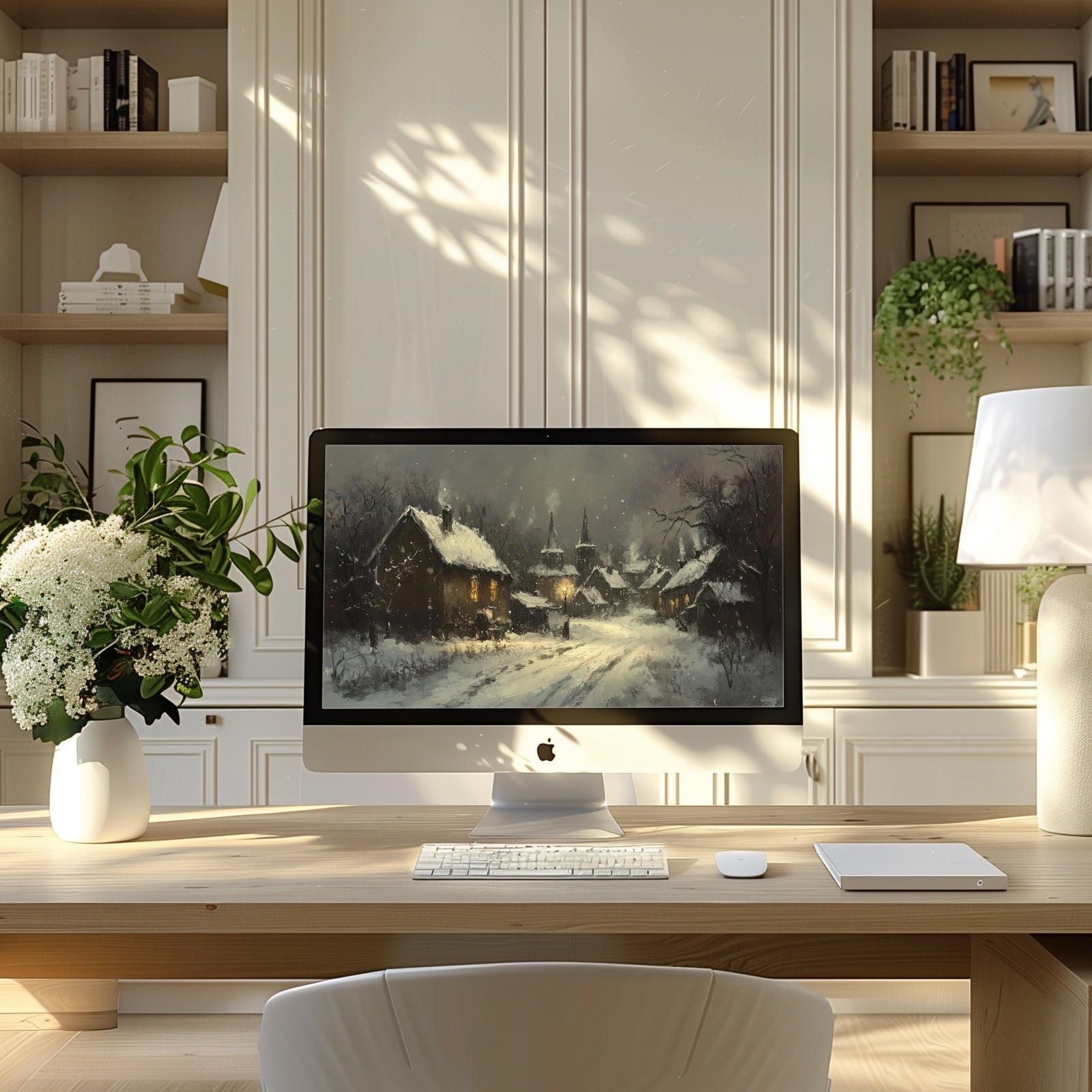 Cozy winter desktop wallpaper showing a snowy village at night with warmly lit houses, church steeple, and falling snow set on an iMac in a modern neutral home office