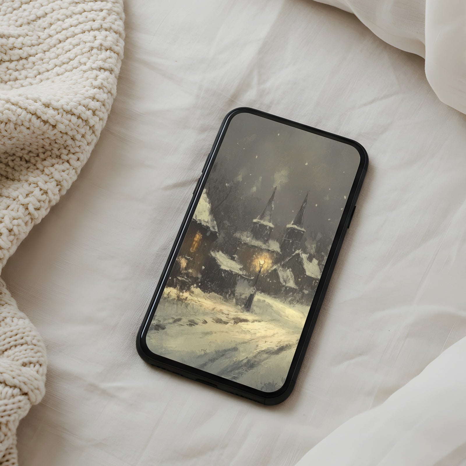 Winter phone wallpaper featuring a cozy snowy village at dusk with warm glowing lights - a serene and magical seasonal background