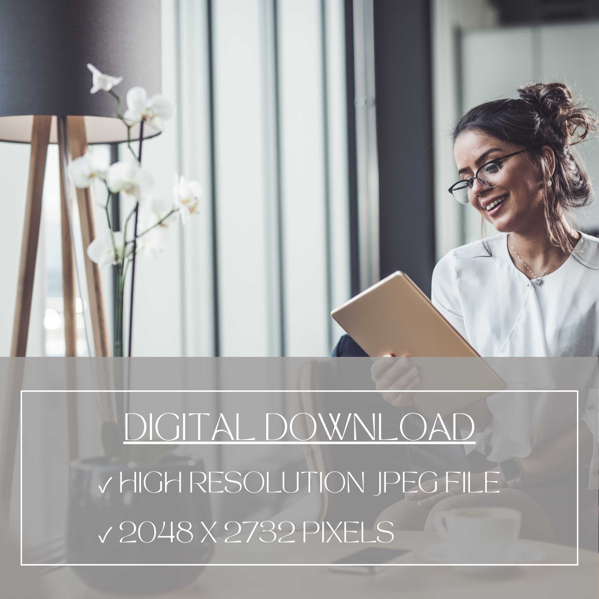 Curated iPad wallpaper digital download shown on tablet in modern workspace with orchid lamp high resolution 2048x2732 pixels background